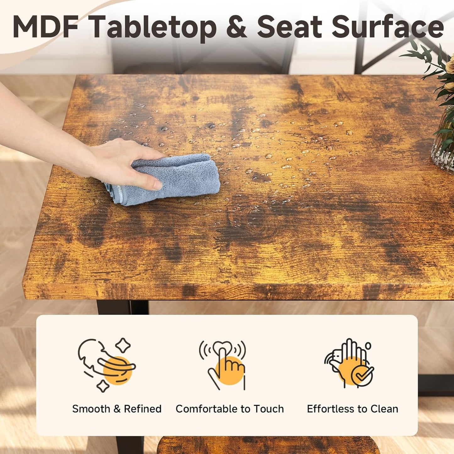 7-Piece Dining Table with Chairs Set, Rectangular Metal Frame Table with 6 Chairs, Modern Table Furniture Set for Kitchen, Dining Room and Living Room, Brown