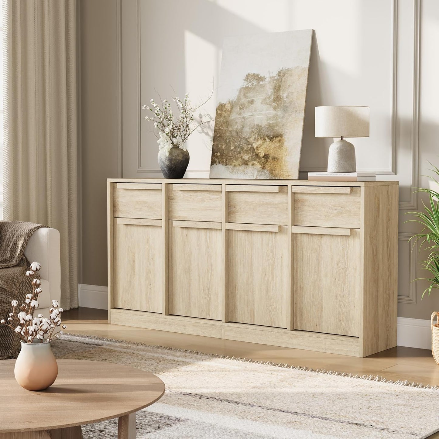 GarveeHome Sideboard Buffet Cabinet with 4 Drawers, 62.4" Large Coffee Cabinet with Storage, Modern Storage Buffet Table for Kitchen Dining Room, Living Room (Pear Wood, 4 Doors & 4 Drawers)