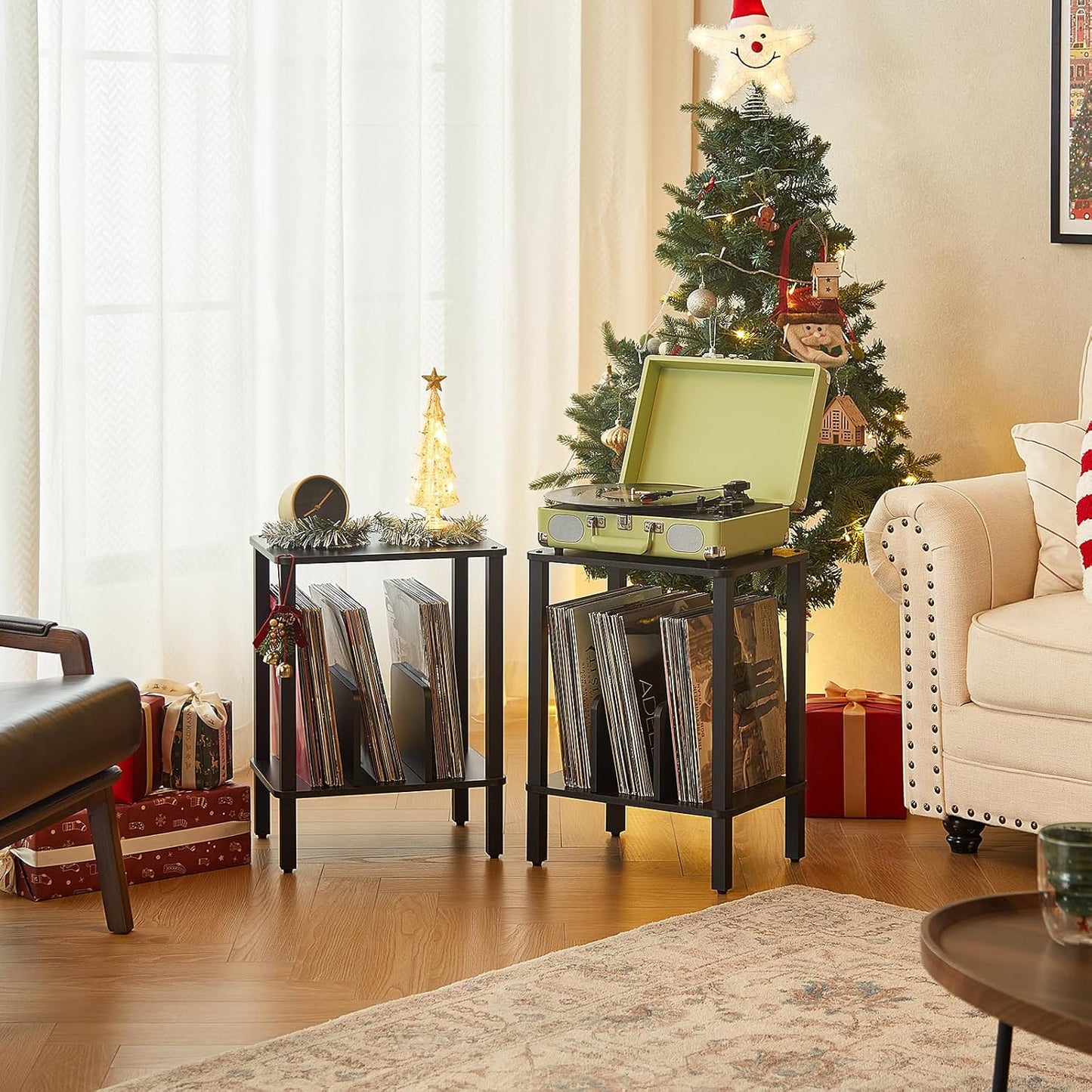 LELELINKY 2-Tier Record Player Stand with Vinyl Record Storage up to 100 Albums, Bedroom Record Holder and Multi-Functional End Table for Living Room, Black