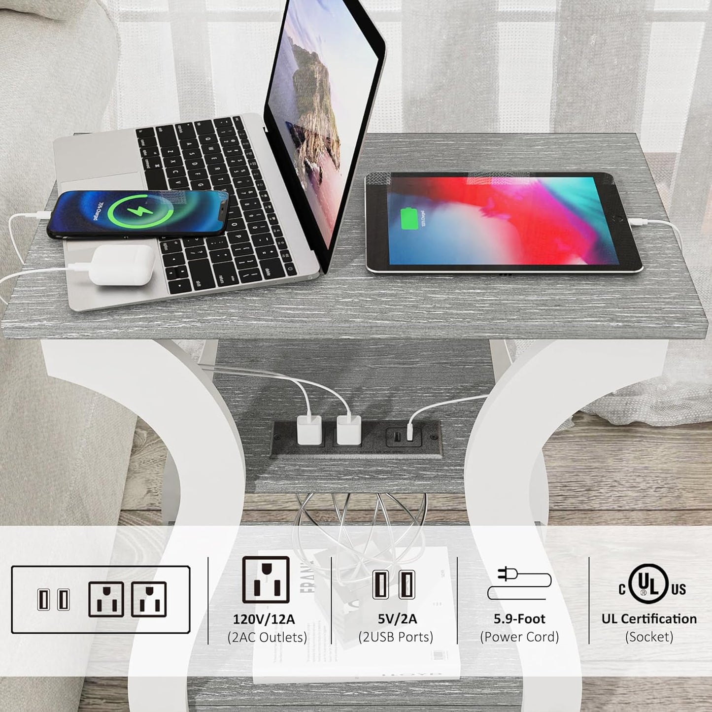 End Tables Living Room Set of 2,Grey End Table with Charging Station,Grey Side Table, Nightstand for Bedroom, 3 Tier End Table with Storage Shelf for Living Room