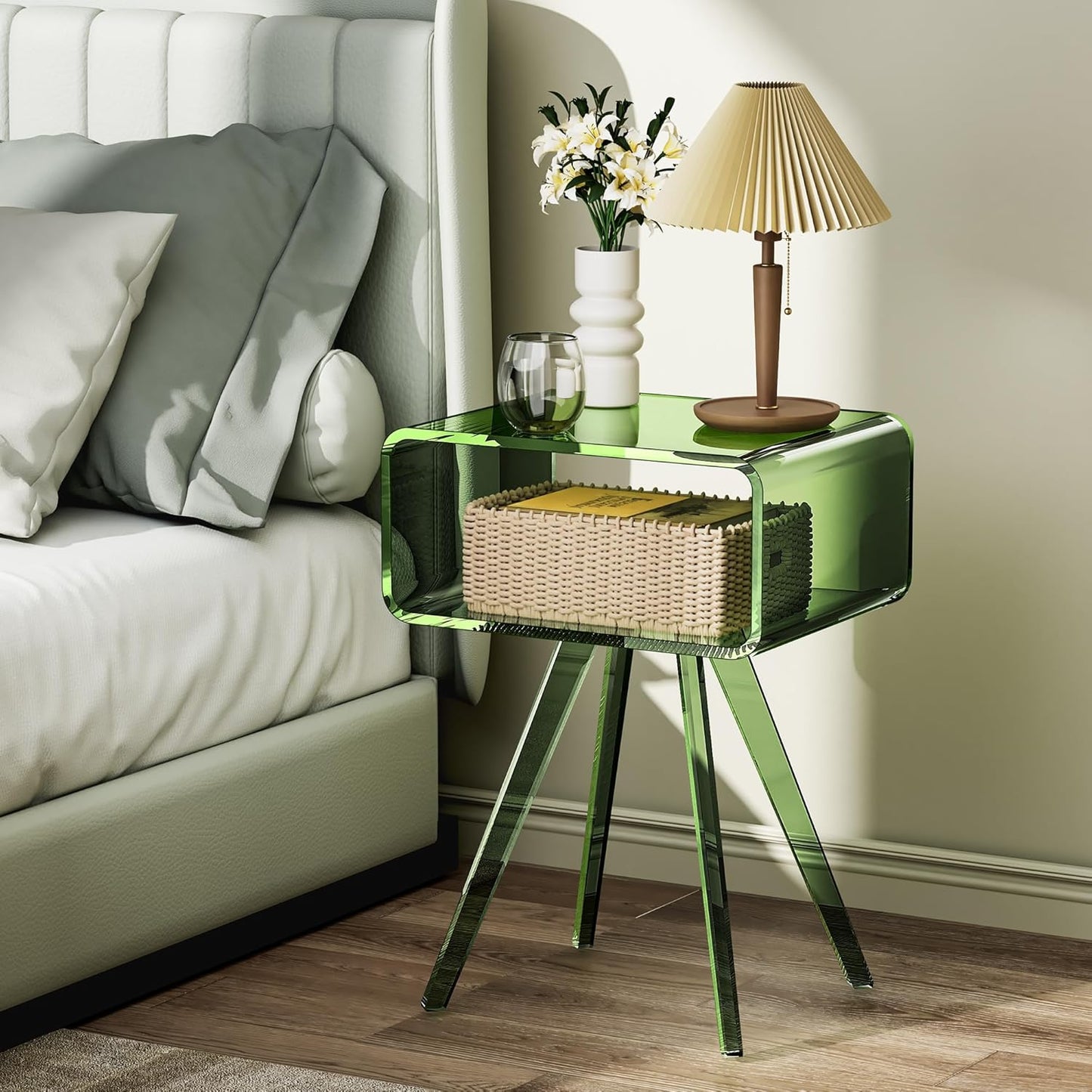 Acrylic Side Table, Acrylic Nightstand Bedside Table for Bedroom (Green, 16.5'' x 11.8'' x 21.6'')