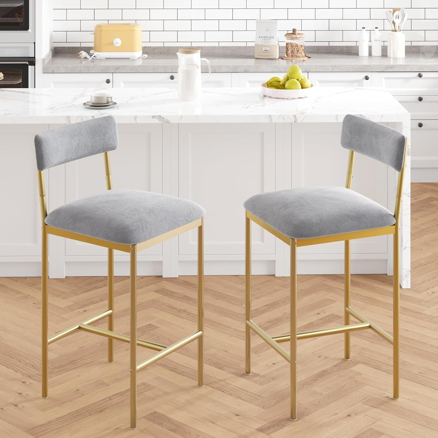 GarveeHome Bar Stools Set of 2, Upholstered Counter Height Bar Stools with Backrest and Footrest, Kitchen Barstools for Island, Counter Bar, Easy Assembly, Gold-Gray