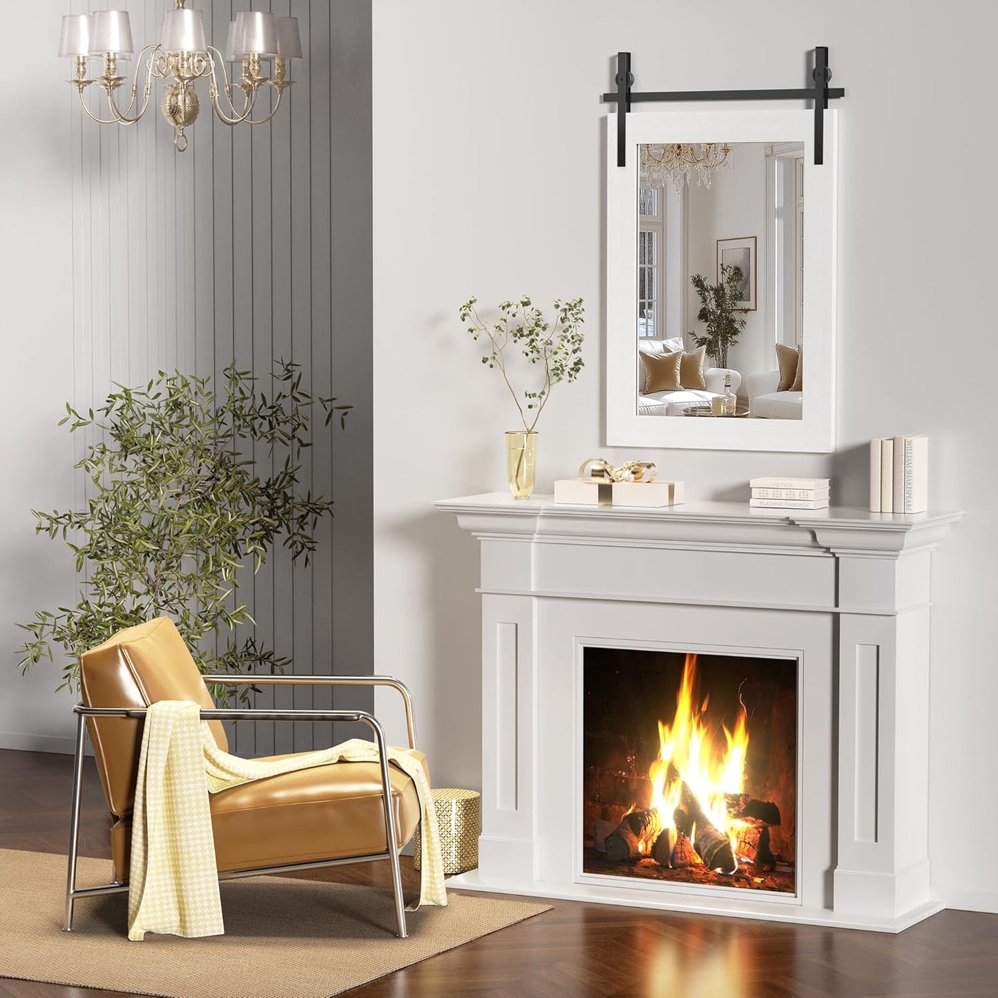 Hasipu Farmhouse Bathroom Mirror, 24"x36" Rustic Wood Framed Wall Mounted Mirror, White Vintage Vanity Mirror Barn Door Style Decrative Mirrors