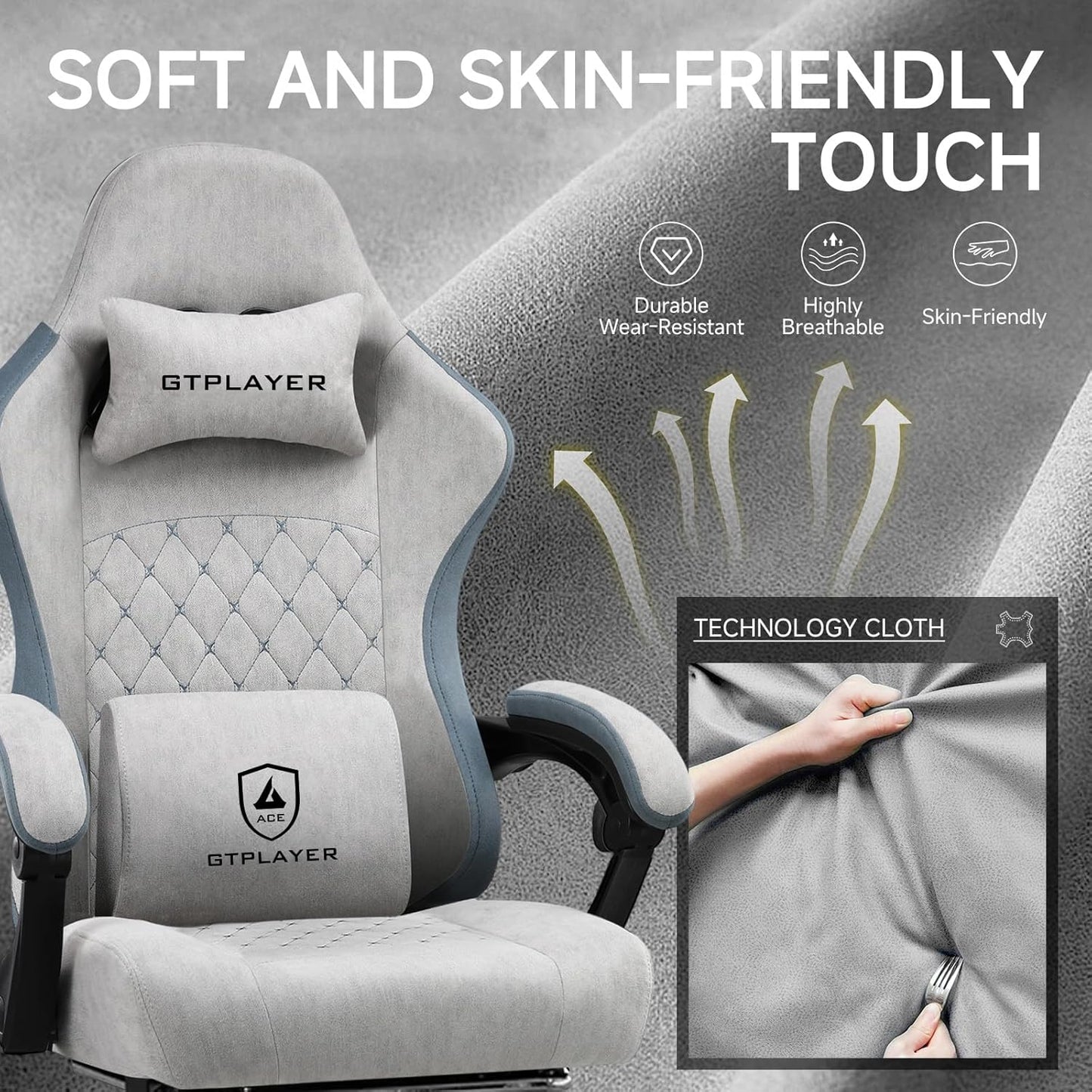 GTPLAYER Office Chair, Gaming Computer Desk Fabric Chair with Footrest, High Back Ergonomic Office Chair with Pocket Spring Lumbar Support and Linkage Armrests Adjustable Height Swivel for Home Task