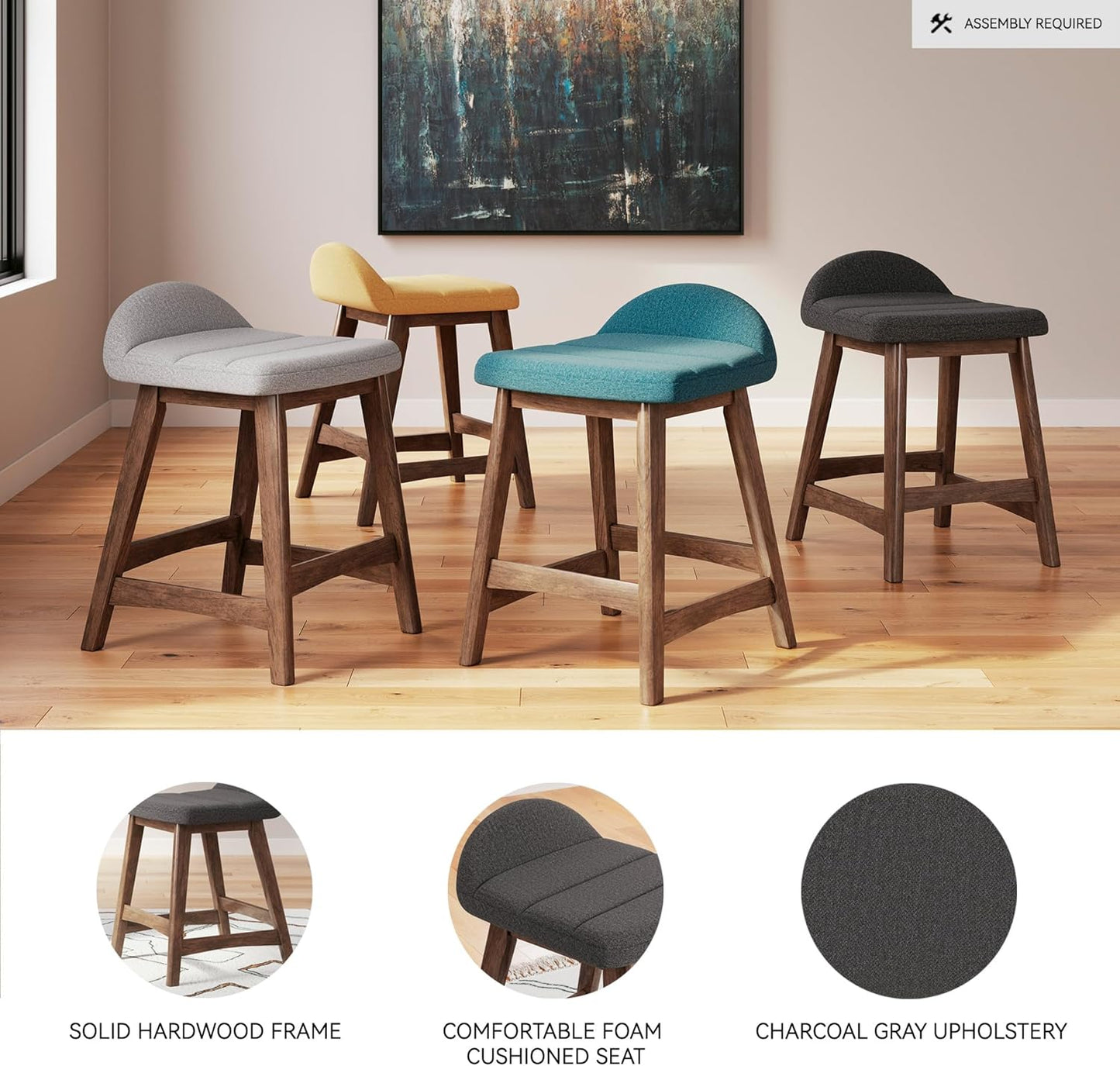 Signature Design by Ashley Lyncott Contemporary 28.5" Counter Height Upholstered Bar Stool with Foam Cushion, 2 Count, Charcoal & Brown