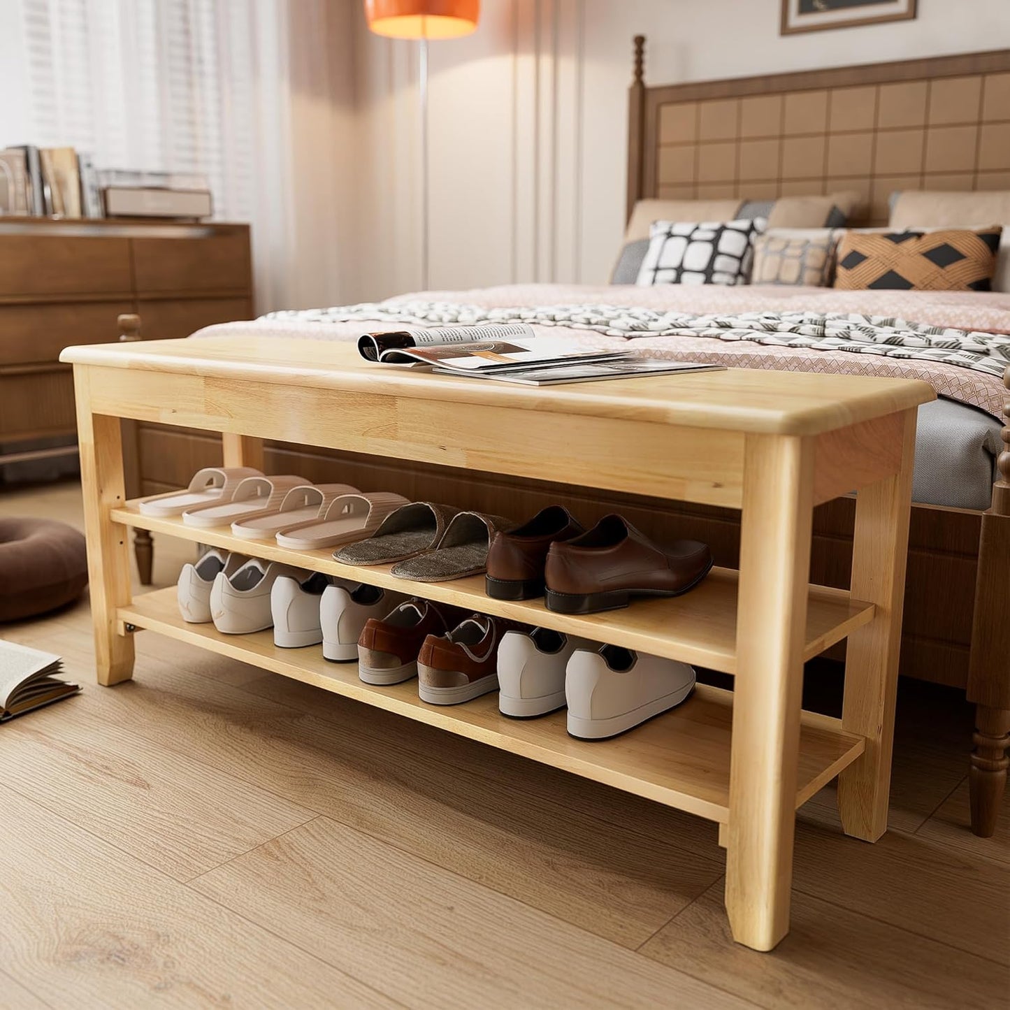 Shoe Storage Bench for Entryway - 3 Tier Shoe Rack for Front Door Entrance, Rubberwood Shoes Rack Height Adjustable, Entryway Bench with Shoes Storage for Any Room (Natural, 39.4" W)