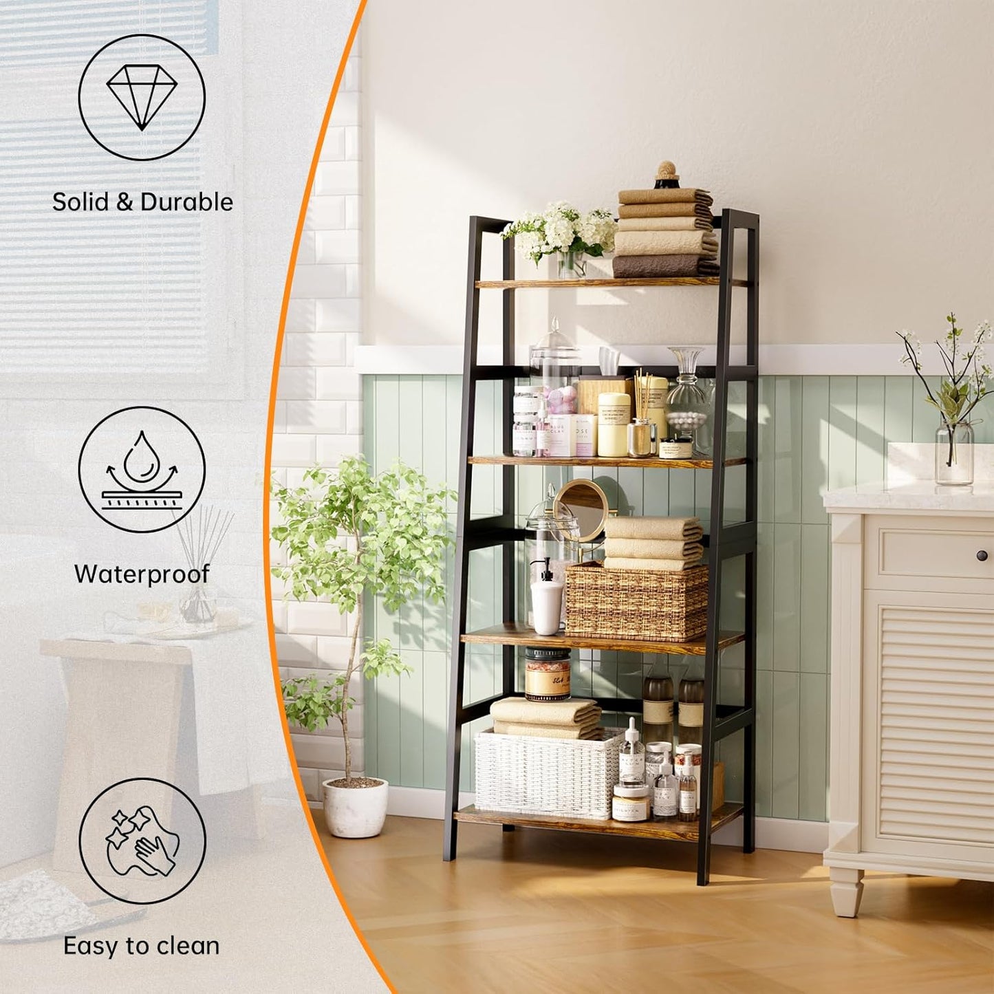 HITNET Ladder Shelf, 4 Tier Bookshelf with Bamboo Frame, Freestanding Bathroom Storage Shelving Unit for Living Room, Home Office, Bedroom, Rustic Brown and Black