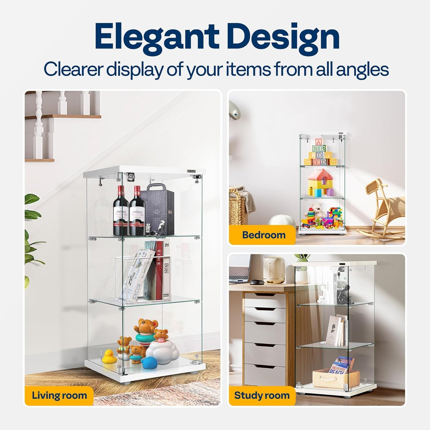 VIVOHOME 3 Layers 16''W x 16''D x 33''H Glass Display Cabinet Showcase Countertop with Lock, 4mm Tempered Glass 25mm MDF Base