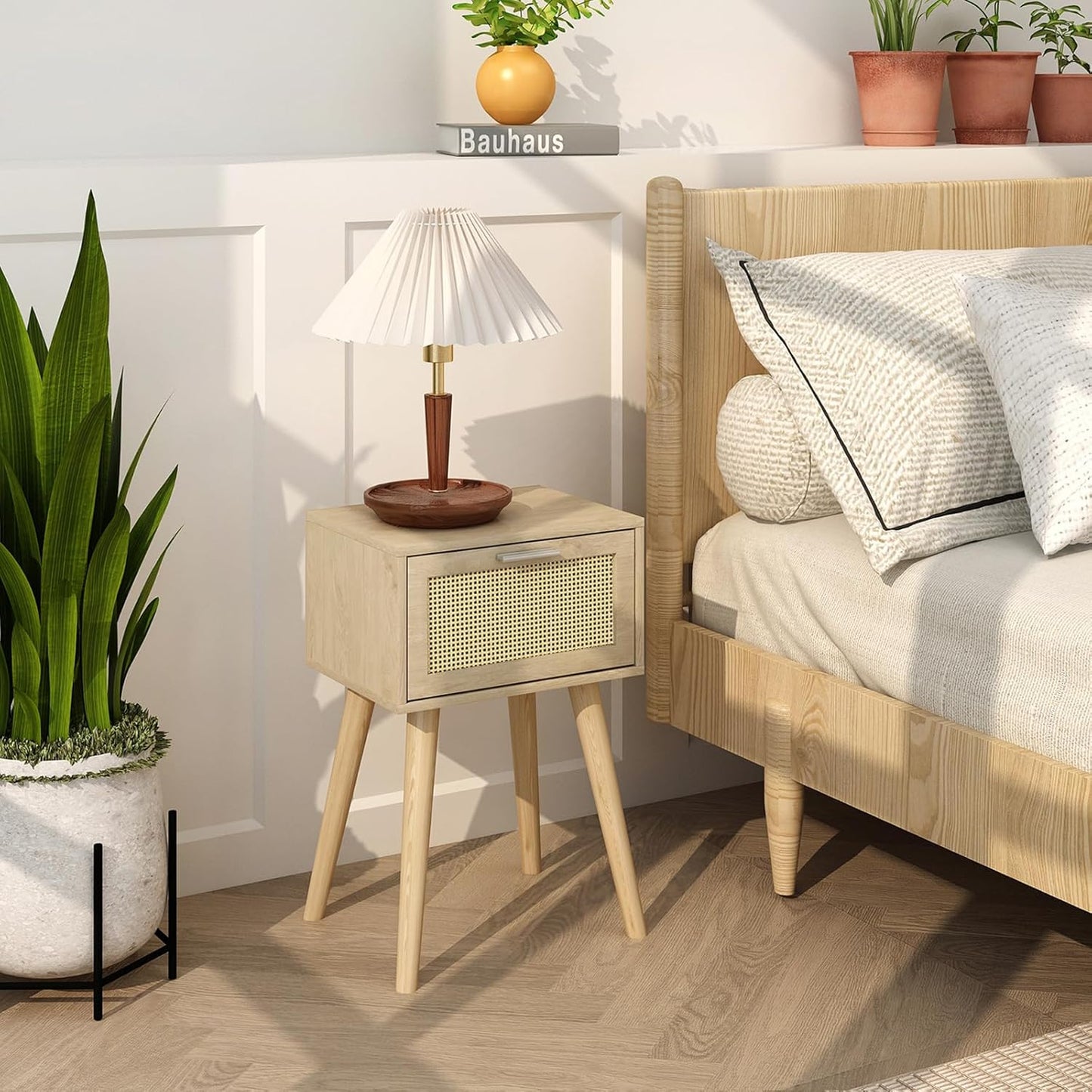 LAATOOREE Bedside Table Set of 2, Boho End Table with Solid Wood Feet for Bedroom and Living Room