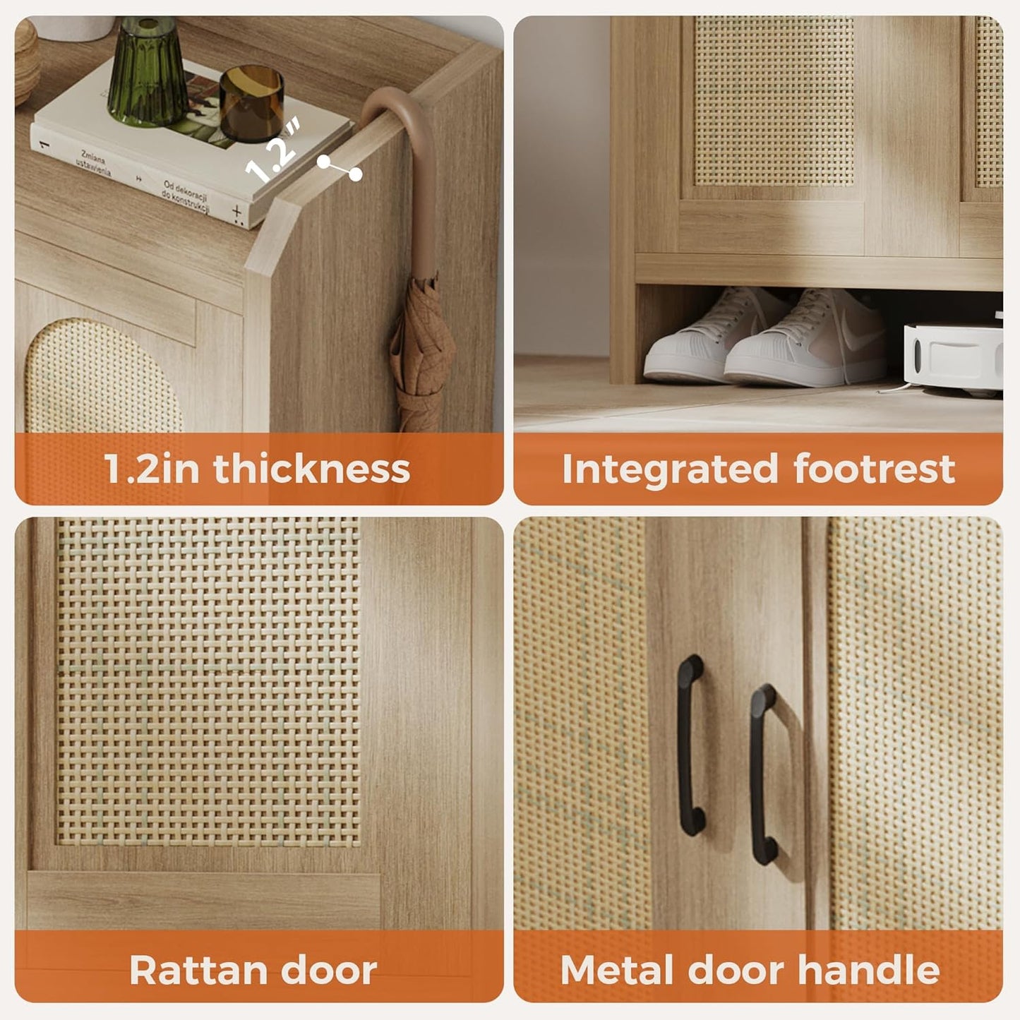 Shoe Cabinet Storage for Entryway, Rattan Storage Cabinet, Wooden Shoe Rack with Doors, Farmhouse Boho Wood Shoe Organizer Cabinet for Hallway (Oak)