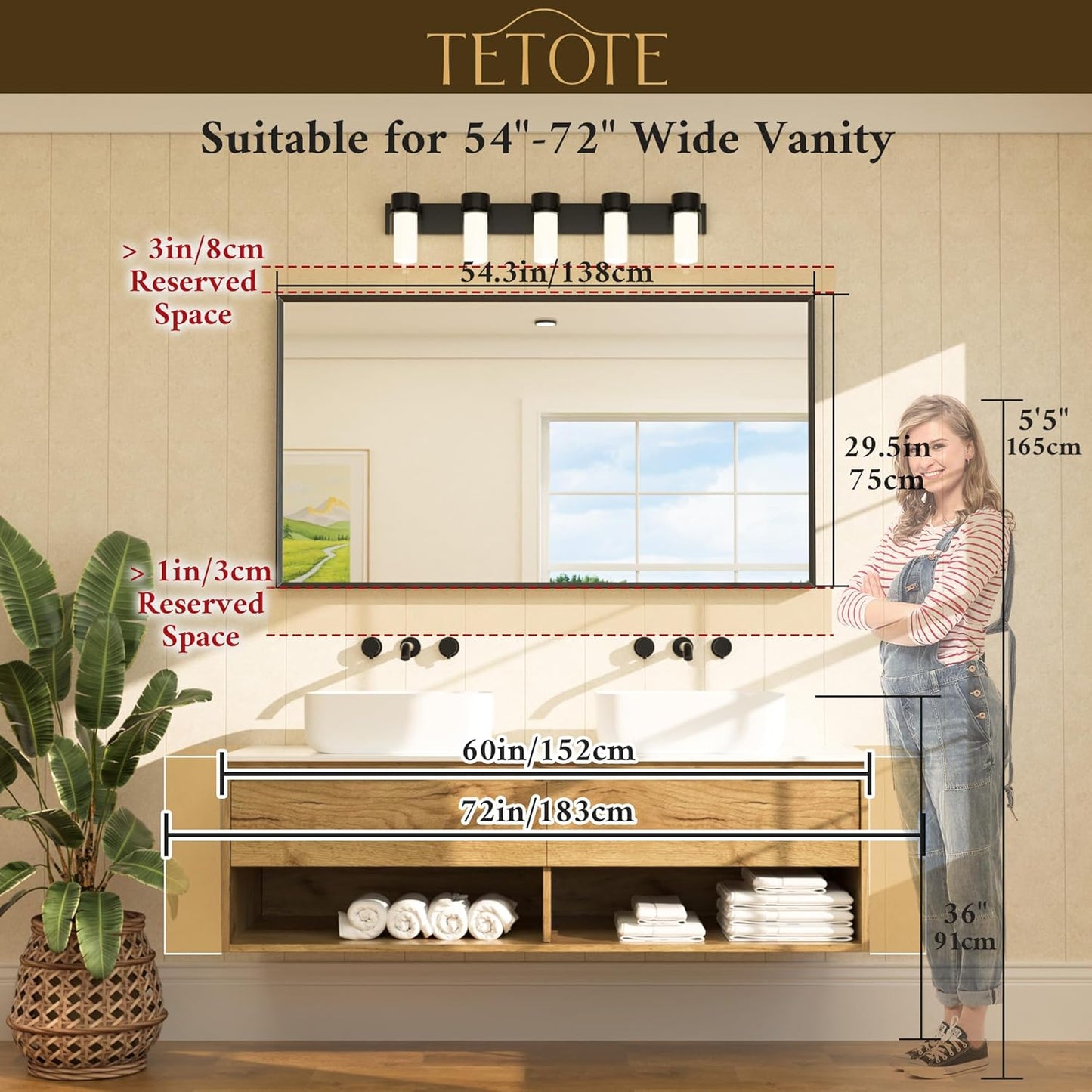 TETOTE Brushed Gold Bathroom Mirror for Over Sink 55" x 30" Large Brass Gold Beveled Framed Rectangular Vanity Mirror for Bathroom, Bedroom, Entryway, Living Room, Tempered Glass, Stronger Frame
