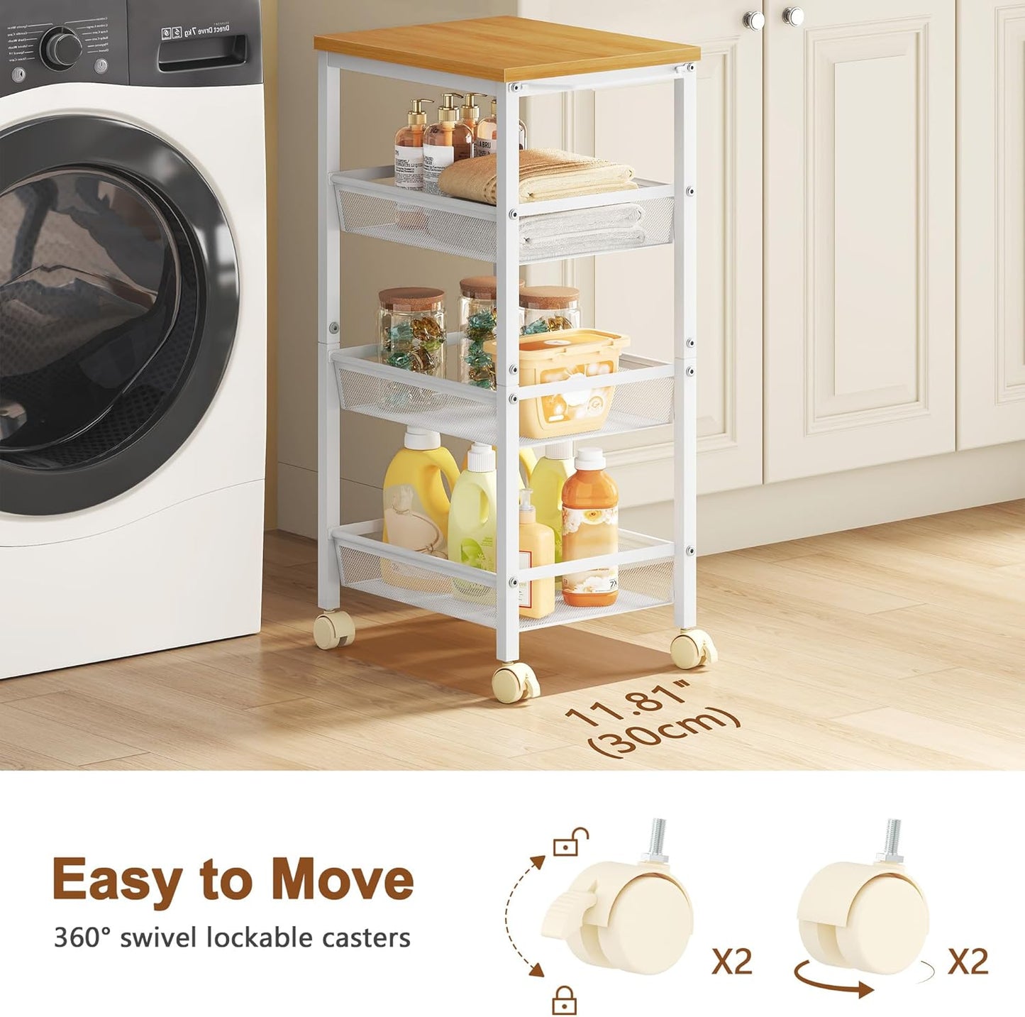 Hoctieon Rolling Storage Cart, 4-Tier Wide Panel Rolling Kitchen Storage Cart, Utility Cart with Handle & Wheels, Mobile Shelving Unit, Metal Frame Narrow Cart for Home Kitchen, Laundry, Oak Beige