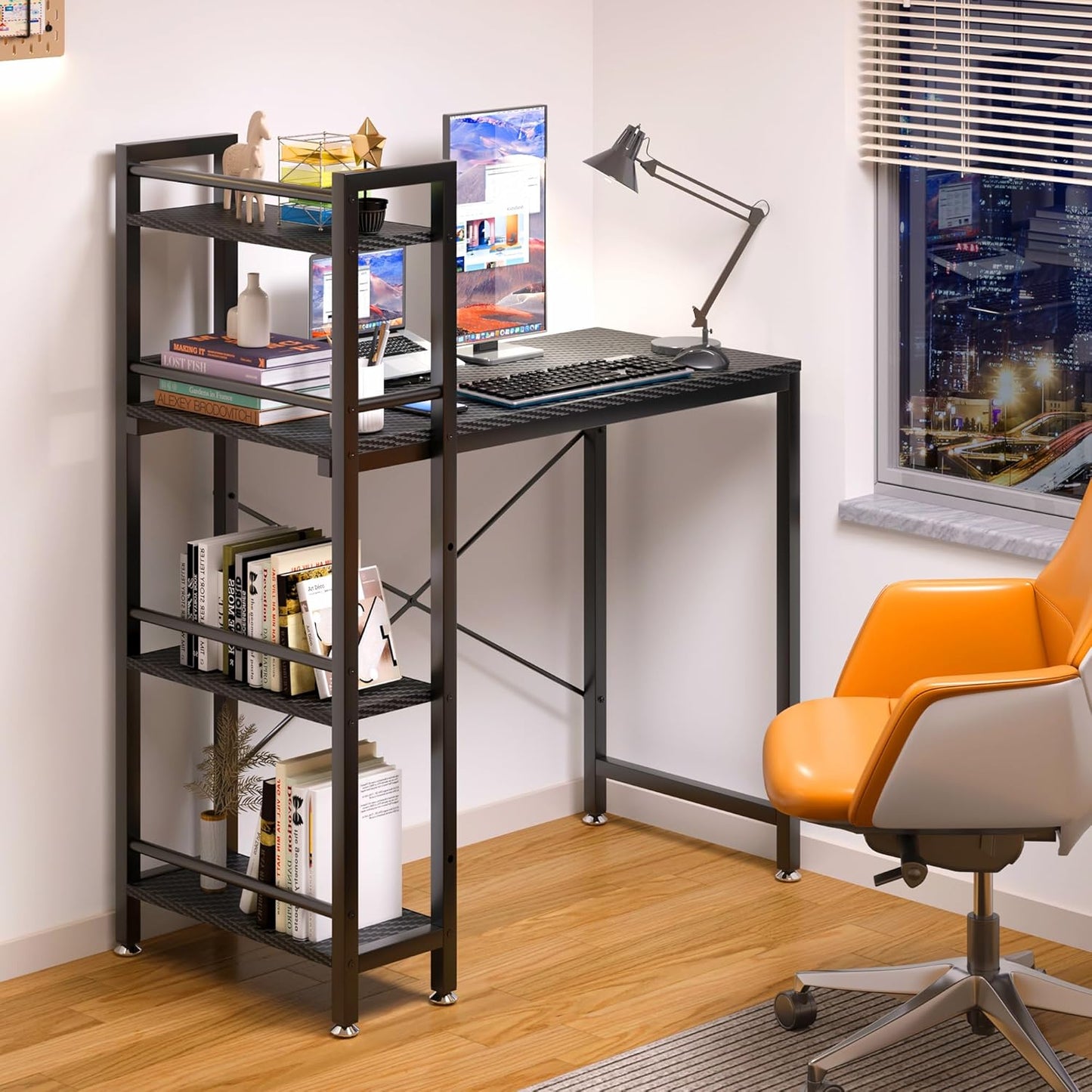 4NM 35" Small Computer Desk with 4-Tier Bookshelf, Home Office Desk Writing Workstation Study Table Multipurpose for Small Space Work - All Black