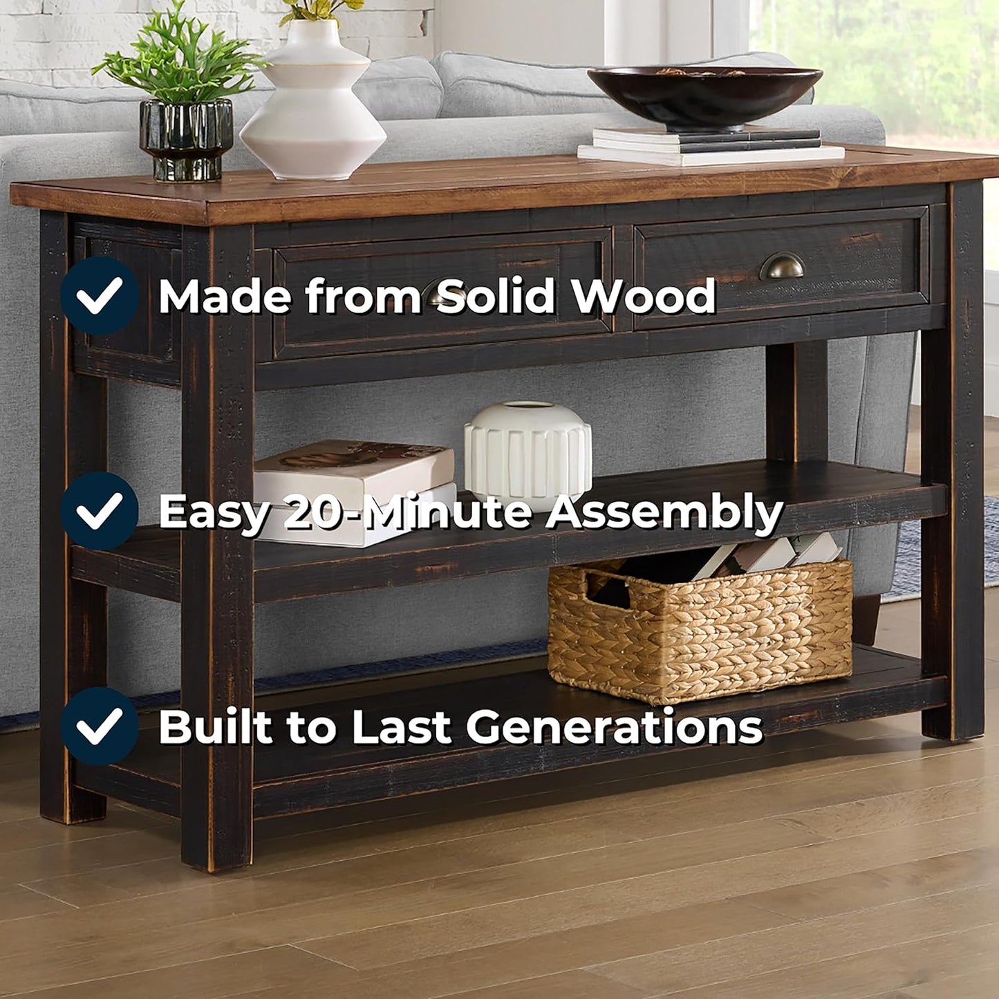 Martin Svensson Home Monterey Solid Wood Sofa Console Table, Black and Honey Brown