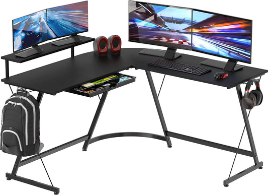 SHW 51 x 51 Inches Vista L-Shaped Desk with Monitor Stand and Drawer, Black