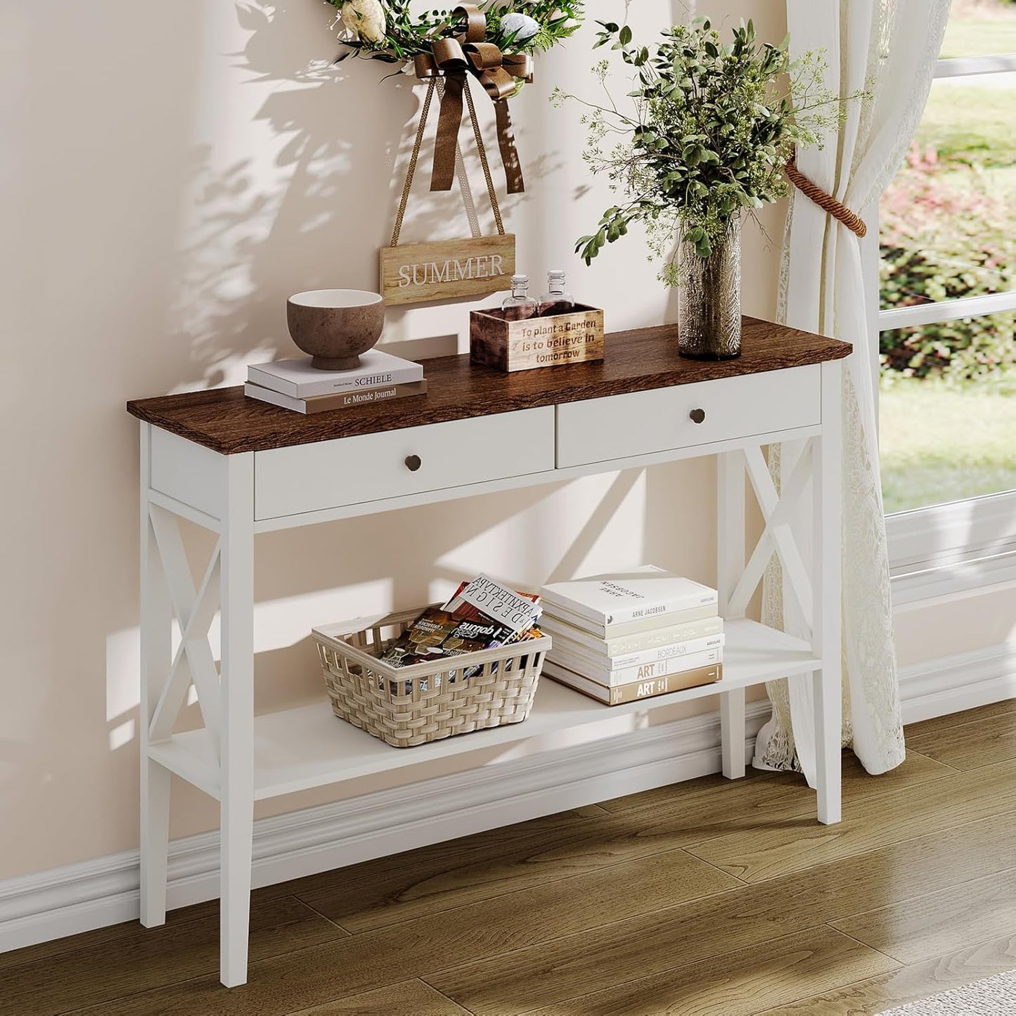 ChooChoo Farmhouse Console Table with Drawers, Narrow Wood Accent Sofa Table Entryway Table with Storage Shelf for Entryway, Front Hall, Hallway, Living Room, Antique White & Brown