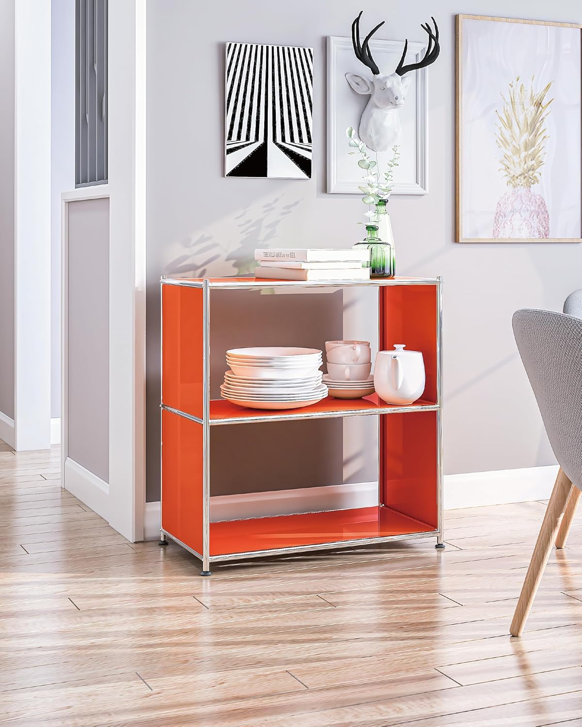 32-Inch 2-Tier Metal Bookcase, Open Shelf Storage Organizer for Living Room, Bedroom, Side Table or Nightstand Use, Modern DIY Assembly, Orange