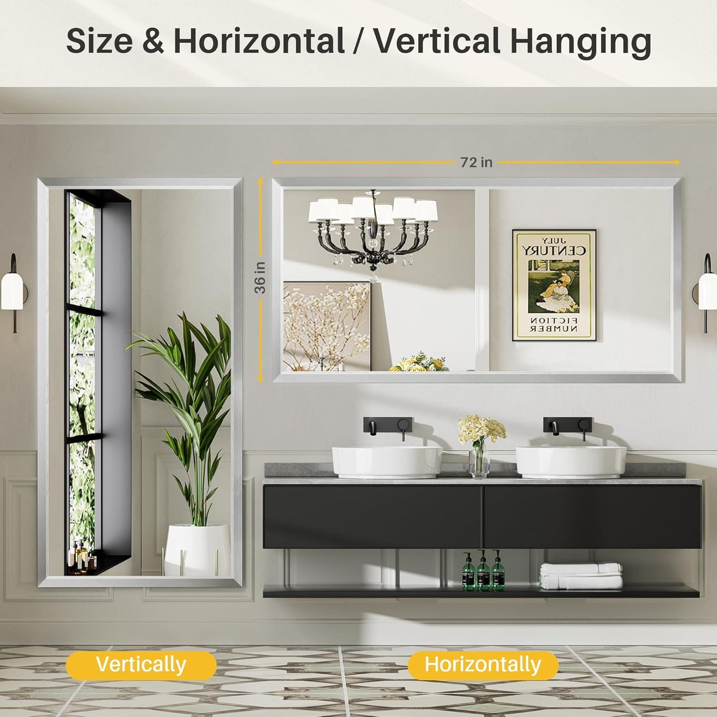 72x36 Inch Silver Bathroom Mirror for Wall, Thick Metal Framed Rectangle Mirrors for Over Sink, Bedroom, Living Room, Entryway, Anti-Rust, HD Tempered Glass