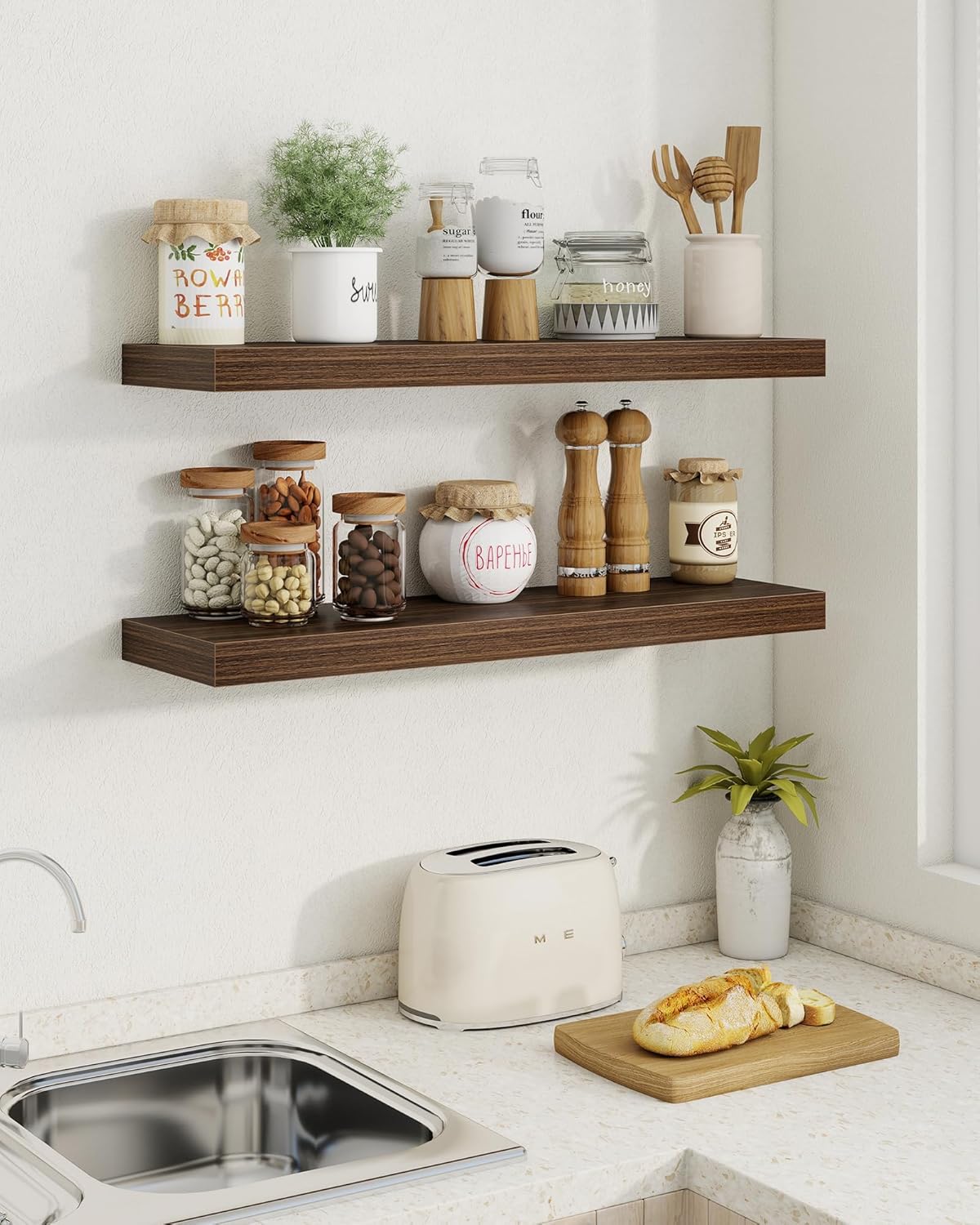 Marsmiles 36" Floating Shelves for Wall, Wooden Shelves with Invisible Brackets Set of 2, Rustic Farmhouse Wall Mounted Shelf for Kitchen Bathroom Living Room Study, Walnut