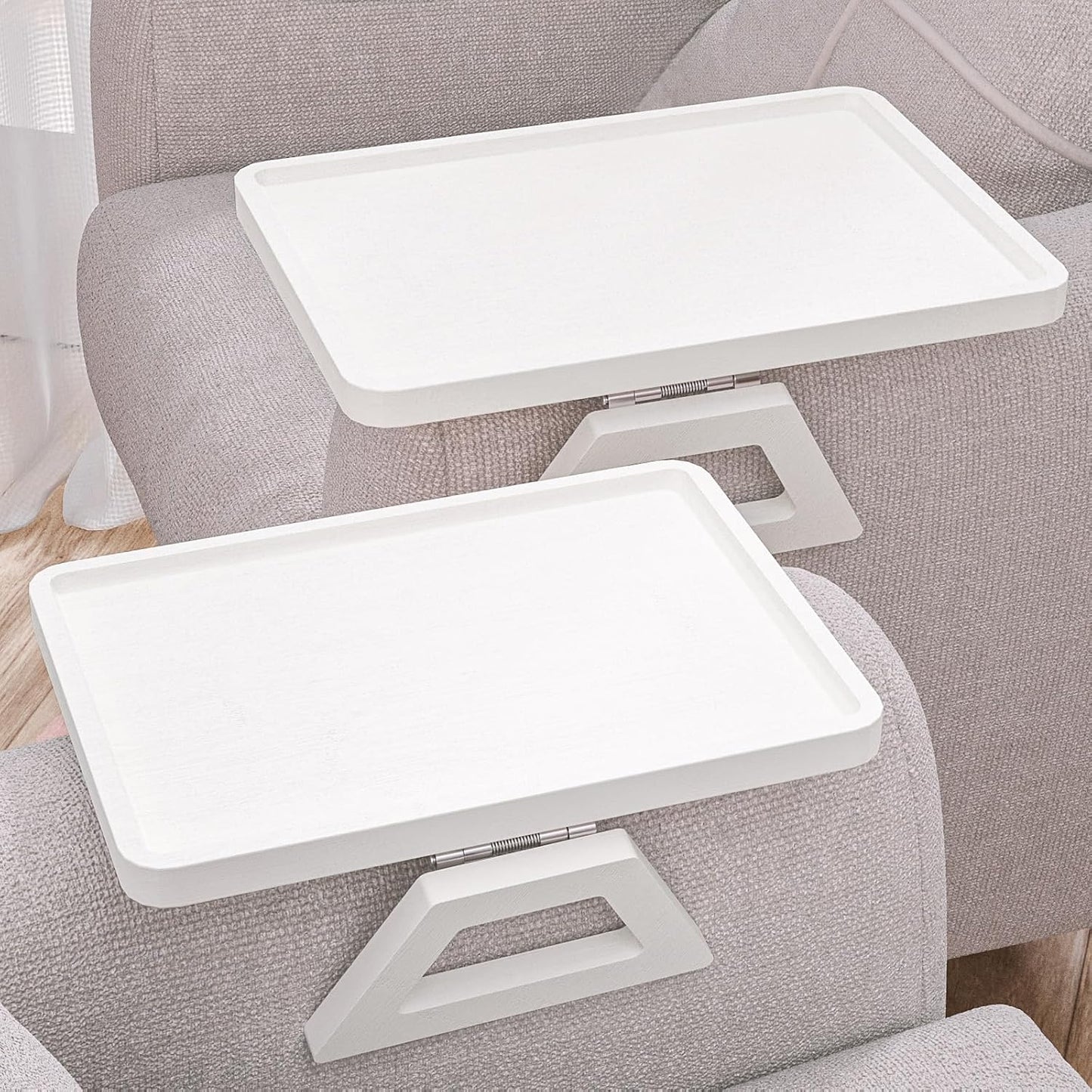 2 Pack Couch Arm Tray,Bamboo Folding Sofa Tray,Sofa Armrest Trays Clip-On Couch Desk for Drinks,Snacks,Phone,Remote Control（White）