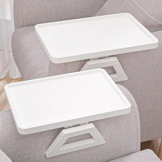 2 Pack Couch Arm Tray,Bamboo Folding Sofa Tray,Sofa Armrest Trays Clip-On Couch Desk for Drinks,Snacks,Phone,Remote Control（White）