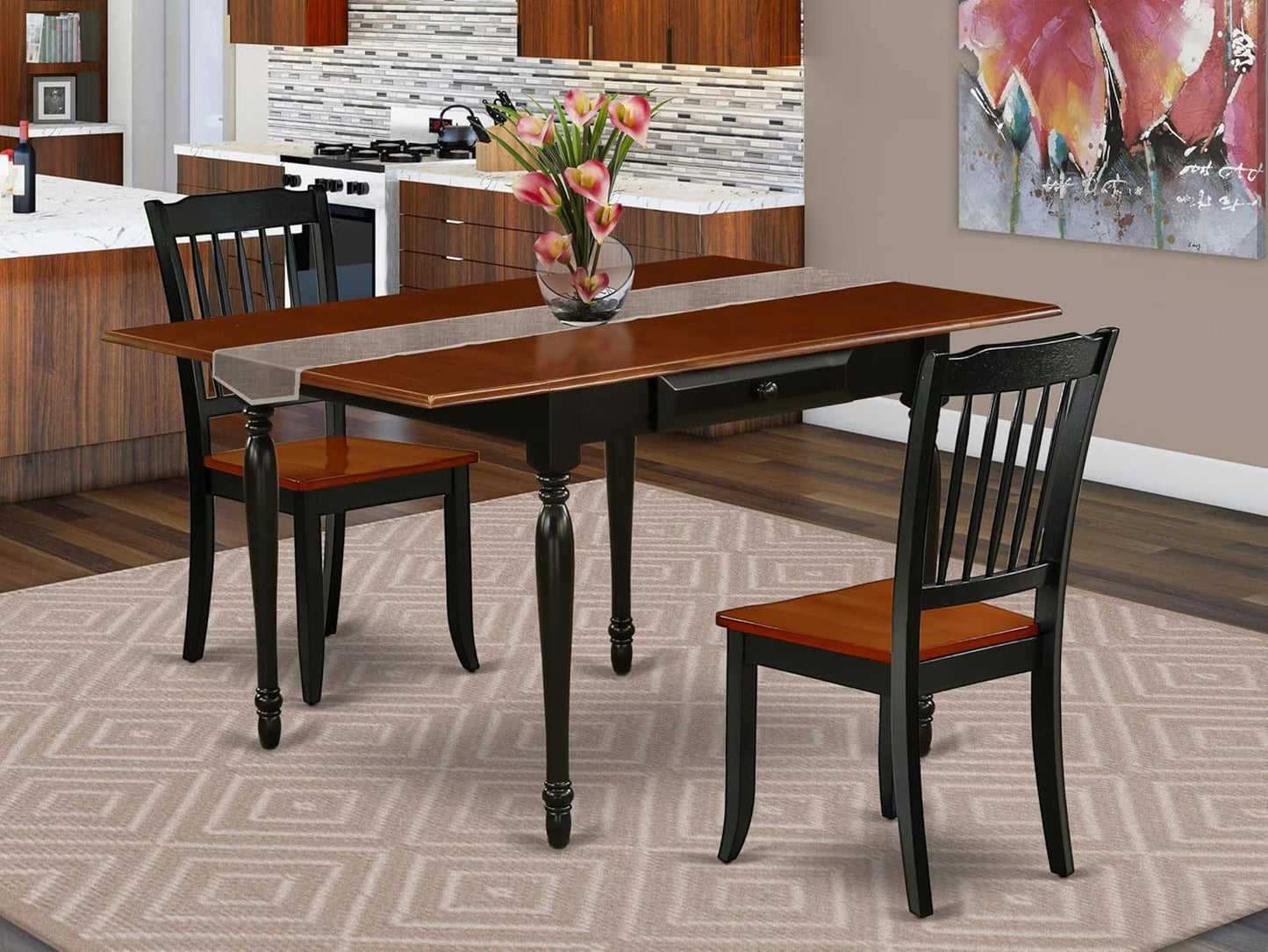 East West Furniture MZDA3-BCH-W 3 Piece Dinette Set for Small Spaces Contains a Rectangle Dining Table with Dropleaf and 2 Kitchen Dining Chairs, 36x54 Inch, Black & Cherry