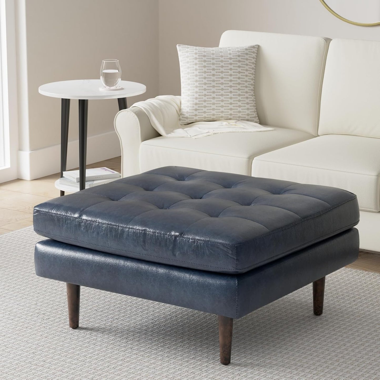 POLY & BARK Napa Ottoman in Full-Grain Semi-Aniline Italian Tanned Leather in Midnight Blue