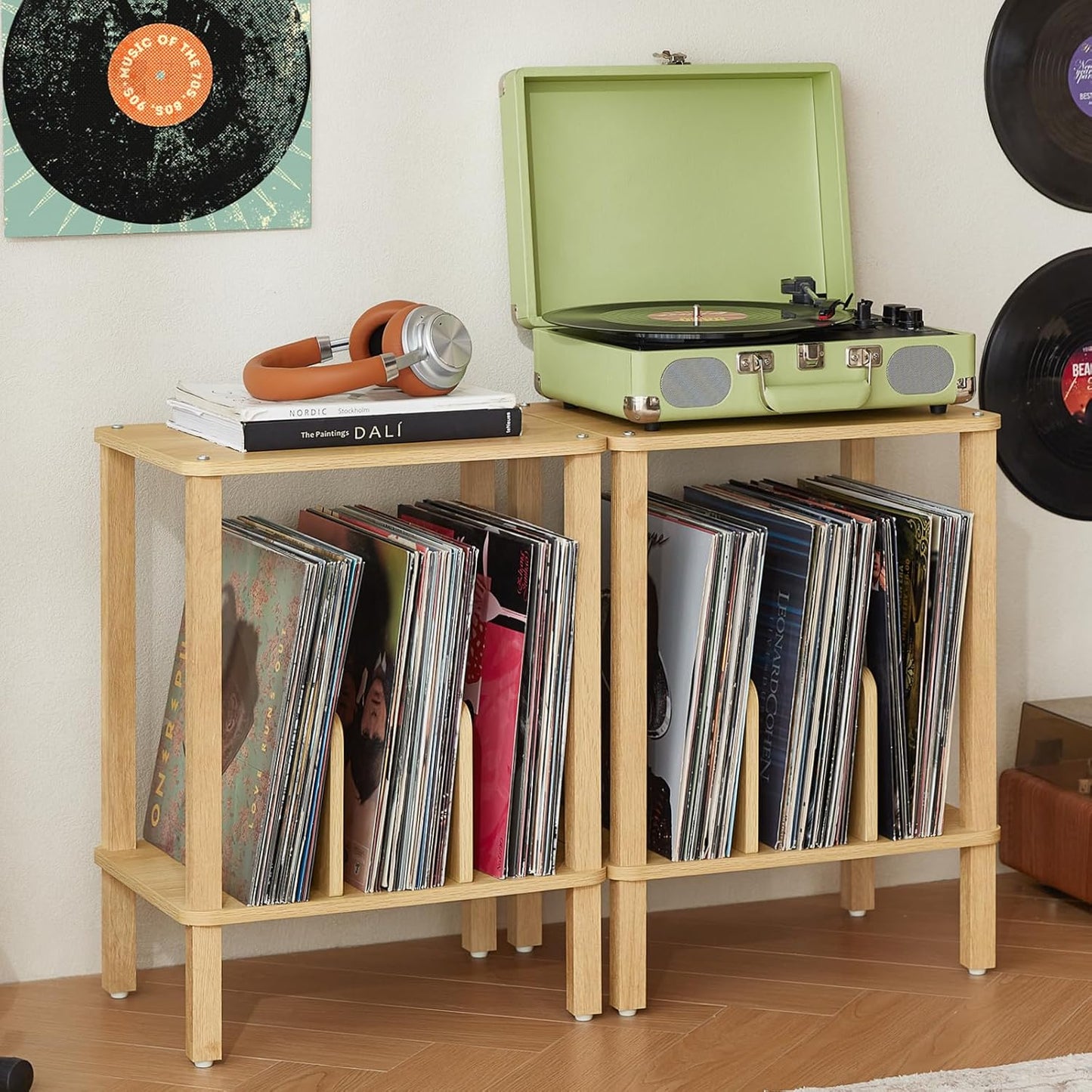 LELELINKY 2-Tier Bamboo Record Player Stand Set of 2 with Vinyl Record Storage up to 100 Albums, Boho Bedroom Record Holder and Multi-Functional End Table for Living Room, Natural