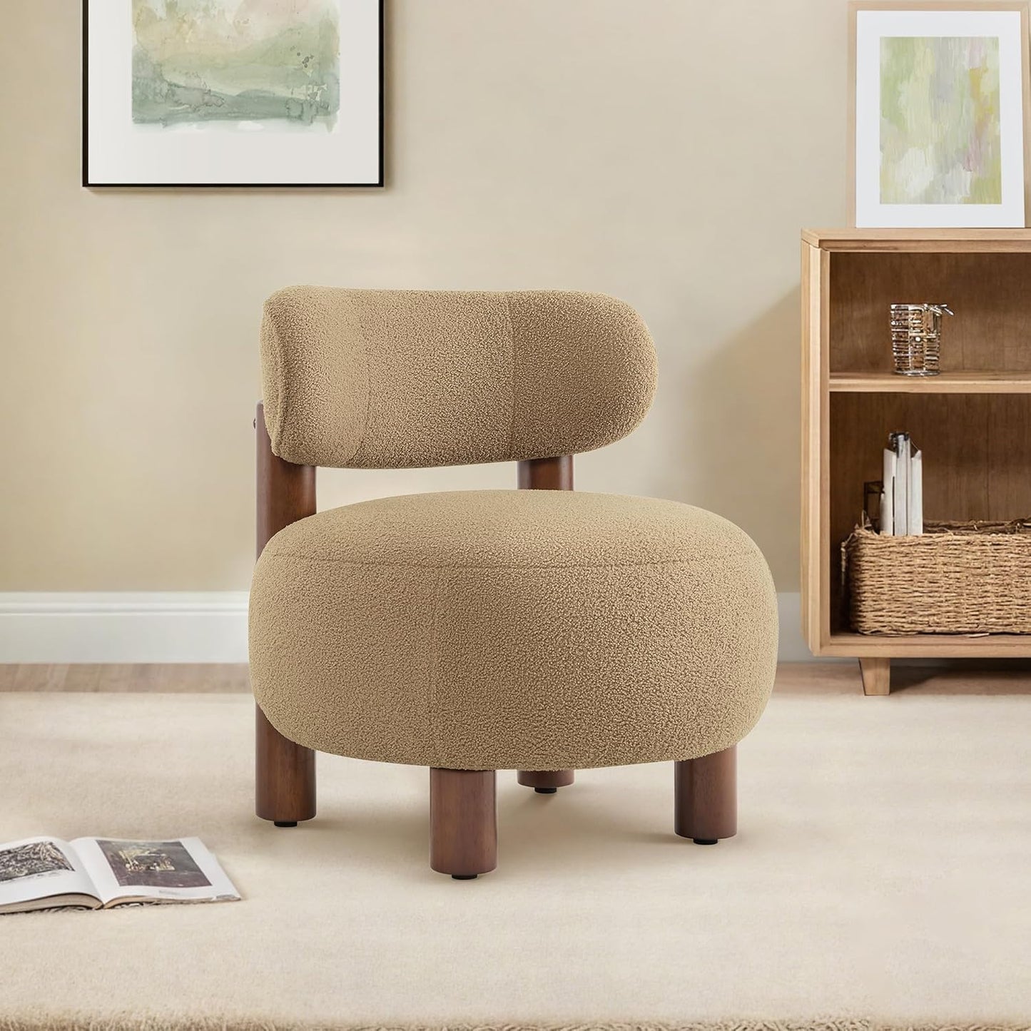 Modern Boucle Accent Chair Set of 2, with Plush Faux Sherpa Upholstery, Curved Backrest, Solid Wood Legs for Living Room Bedroom Reading Nook, 27.5", Camel