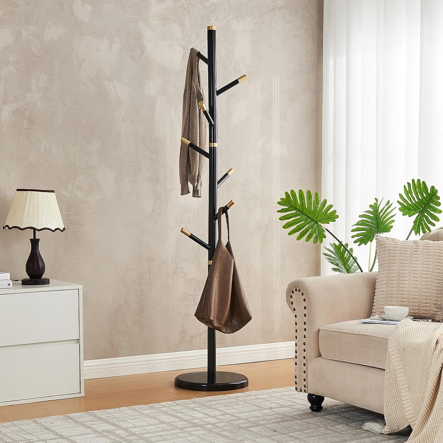 Uniclinens Coat Rack Freestanding Solid Wood Coat Tree Standing with 7 Hooks, Coat Rack Stand Creative Tree Branch-look (Black)