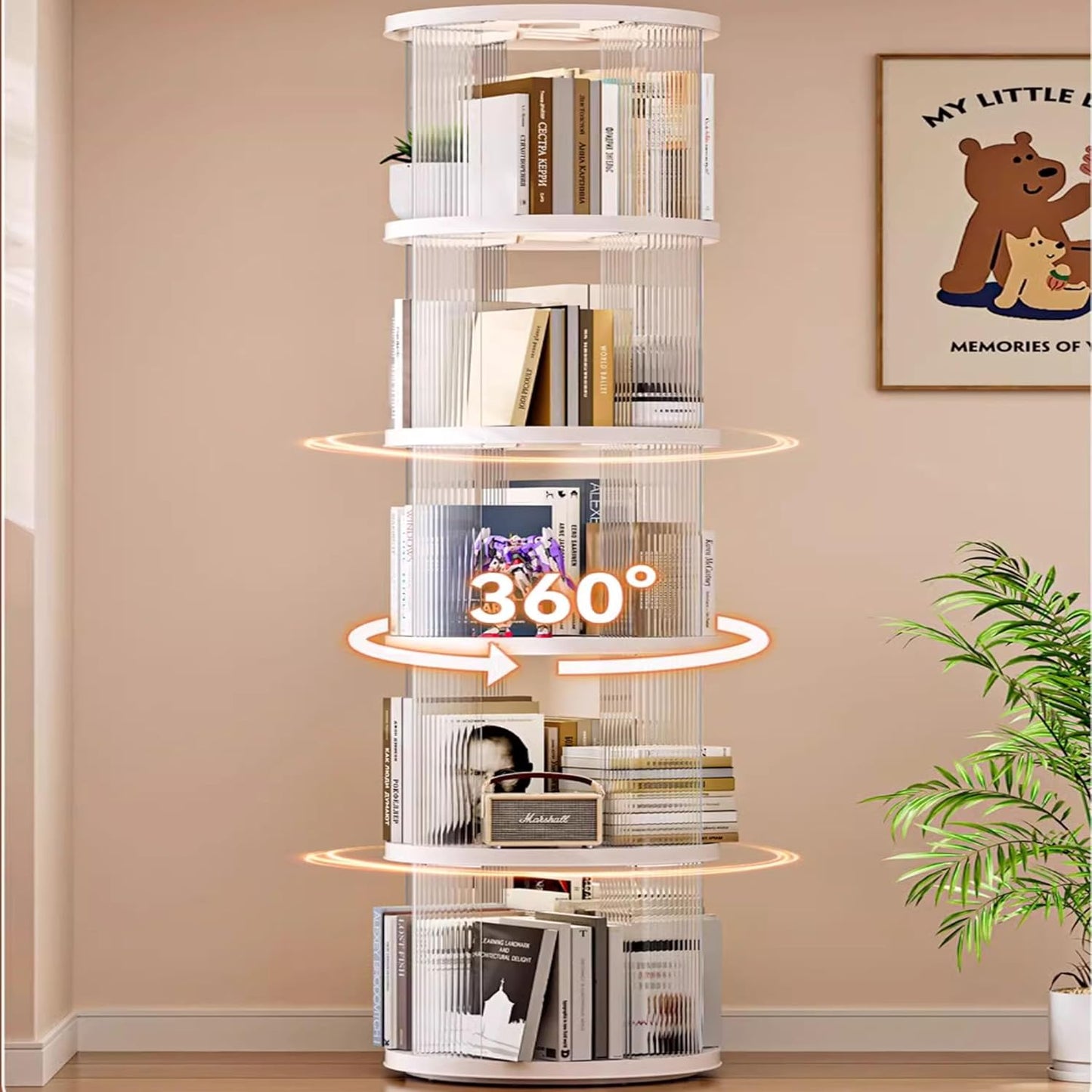 Rotating Bookshelf Tower, 360-Degree Rotating Bookshelves, Small-Space Corner Spinning Bookshelf, Revolving Bookcase Suitable for Bedrooms, Living Rooms, Studies and Offices (Round，White