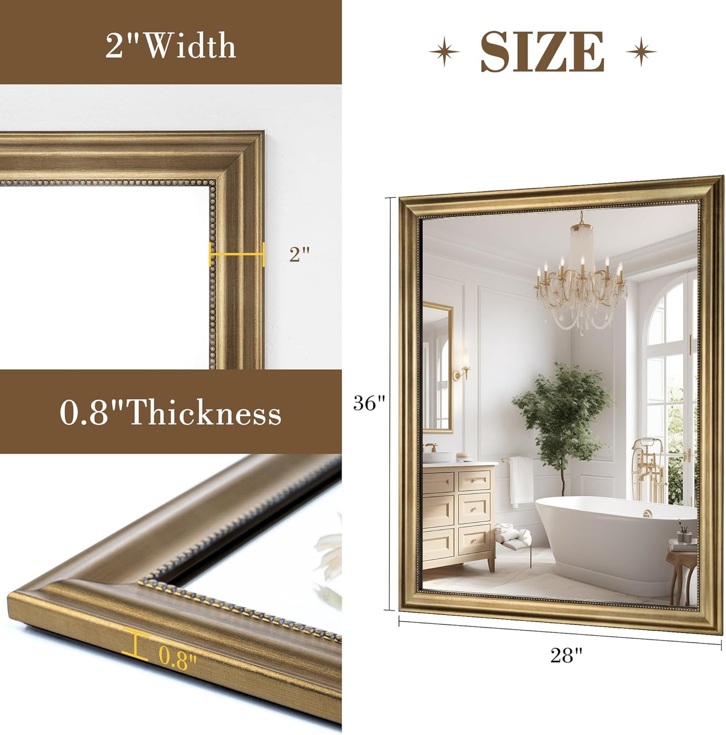 Axeman 28x36 Rectangular Wall Mirror, Decorative Bathroom Mirror, Traditional Vintage Wall Mounted Mirror with Beaded Frame for Accent Living Room Vanity Bedroom Entryway, Gold