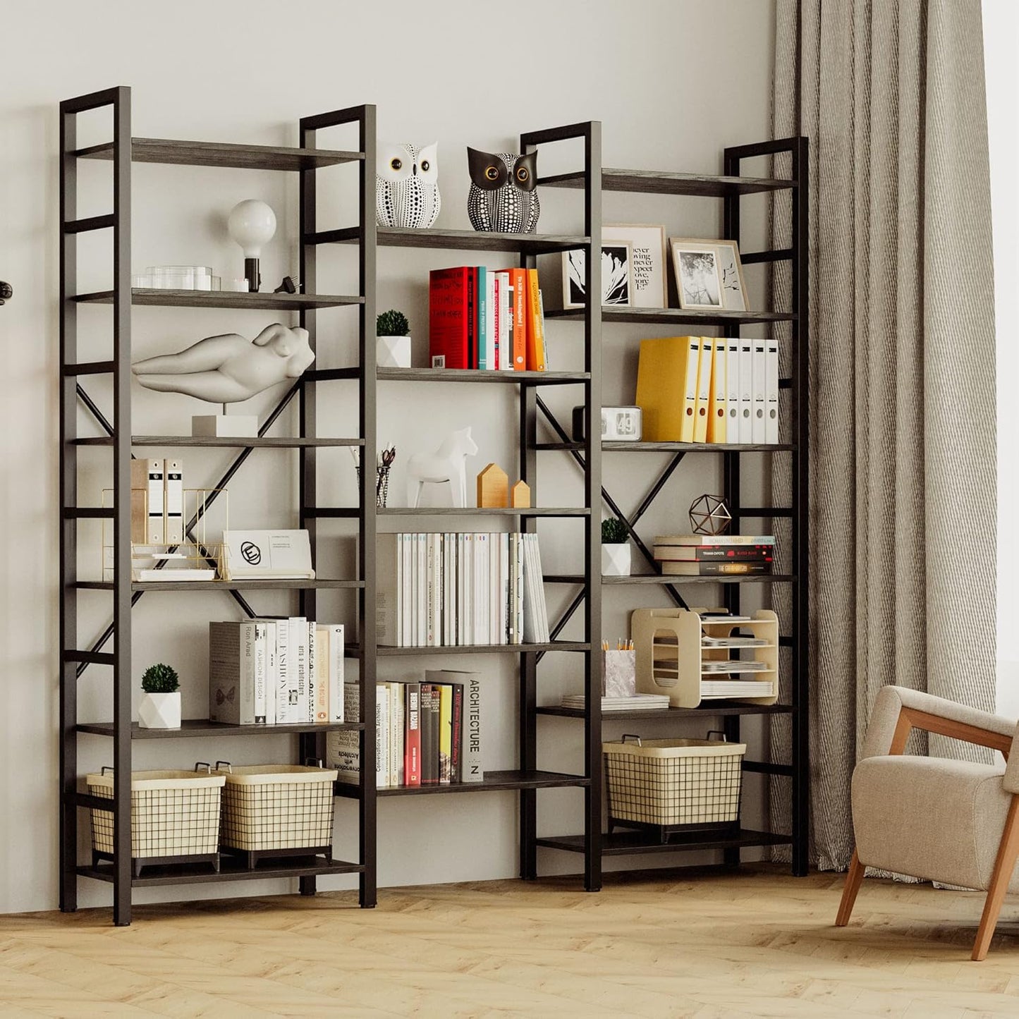 IRONCK Bookshelves 6 Tiers Triple Wide Industrial Bookshelf, Large Etagere Bookshelf Open Display Shelves with Metal Frame for Living Room Bedroom Home Office