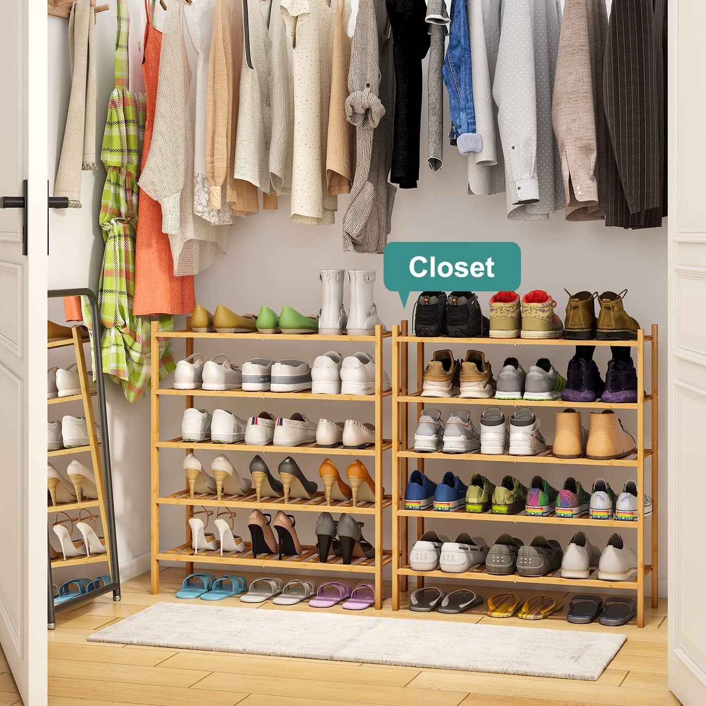 5-Tier Bamboo Shoe Rack for Entryway, Stackable | Foldable | Natural, Shoe Organizer for Hallway Closet, Standing Shoe Racks for Indoor Outdoor