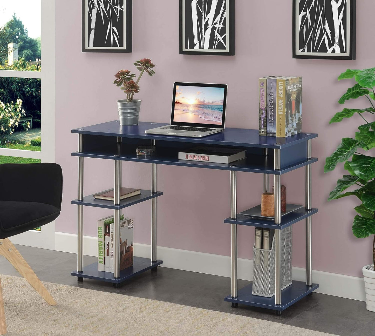 Convenience Concepts Designs2Go No Tools Desk Home Office Desk with Shelves, Corner Shelf Vanity Desk Computer Desk Nail Table for Nail Tech - 47.25" L x 15.75" W x 30" H, Cobalt Blue