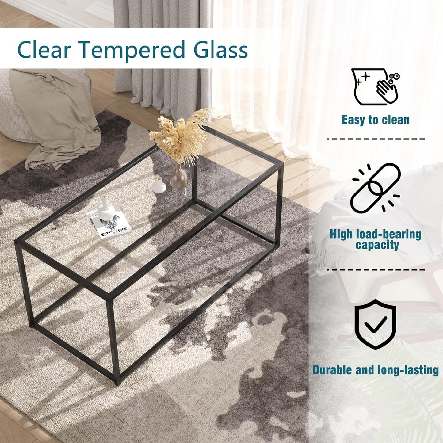 Glass Coffee Table Modern Center Table,Minimalist Coffee Table for Living Room,Tempered Glass-top with Sturdy Metal Frame, Easy Assembly,Black
