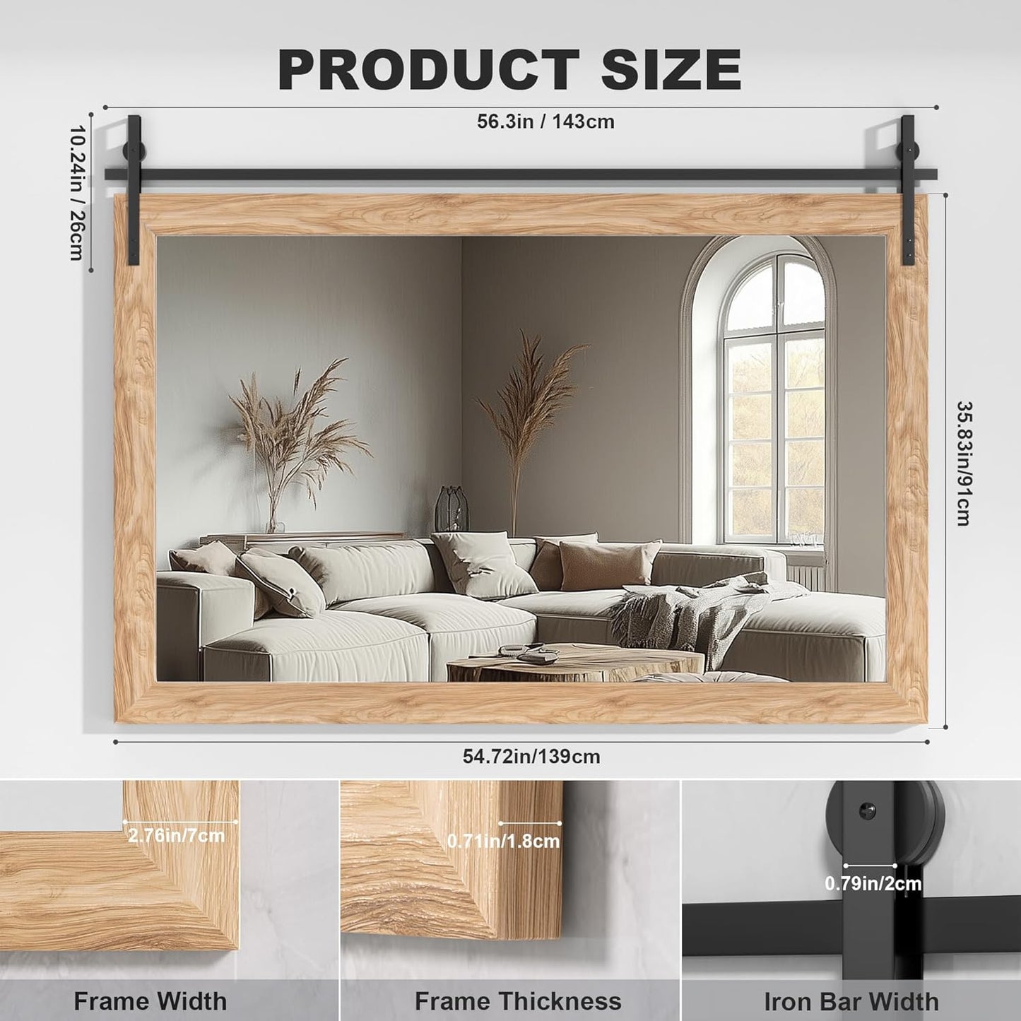 Hasipu Farmhouse Bathroom Mirror, 55"x36" Rustic Wood Framed Wall Mounted Mirror, Brown Vintage Vanity Mirror Barn Door Style Decrative Mirrors