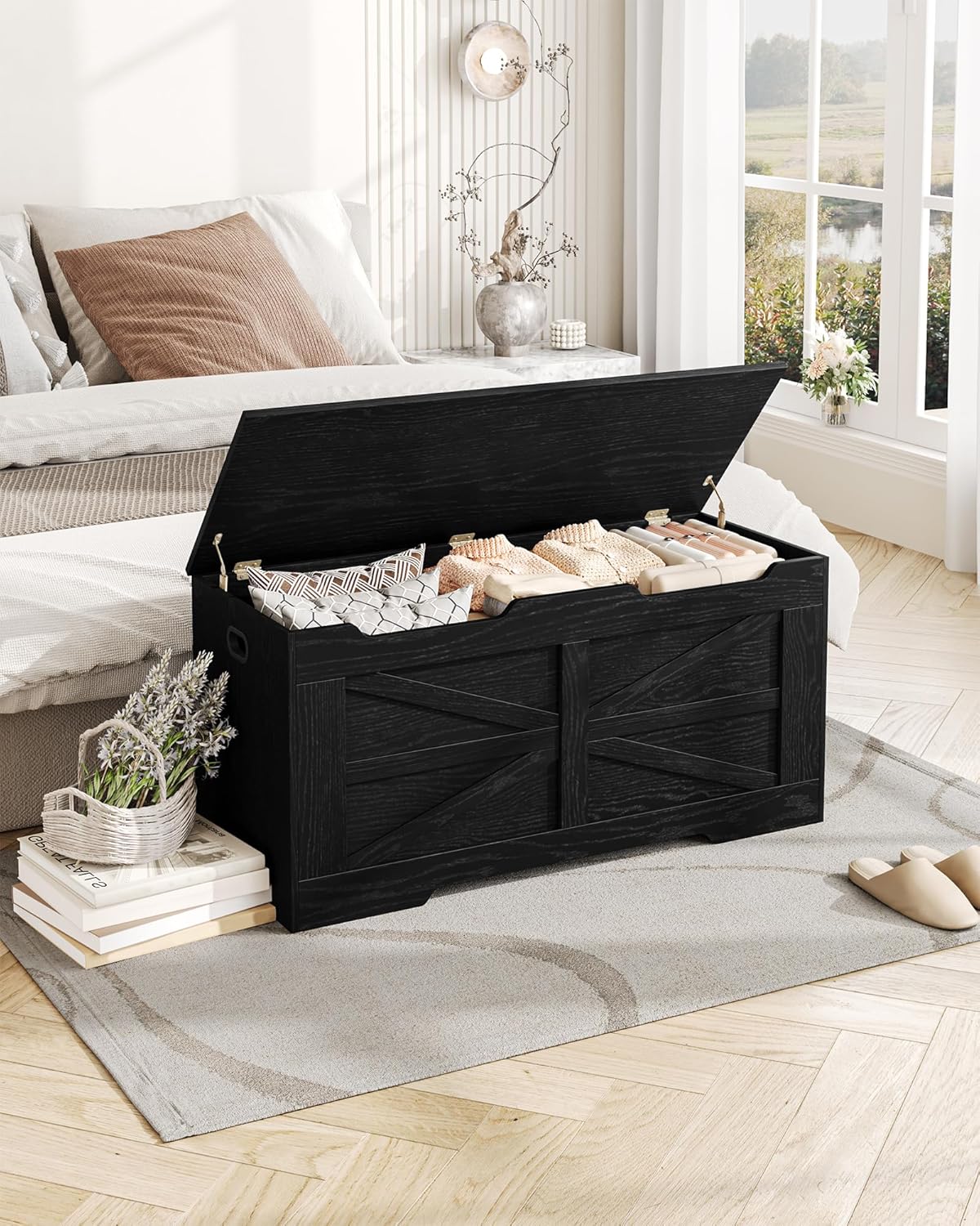 39.4" Storage Chest, Extra Large Storage Trunk with 2 Safety Hinges, Wooden Box Bench, Lift-Top Organizer Chest, Shoe Bench for Entryway, Bedroom, Living Room, Black SB03404X