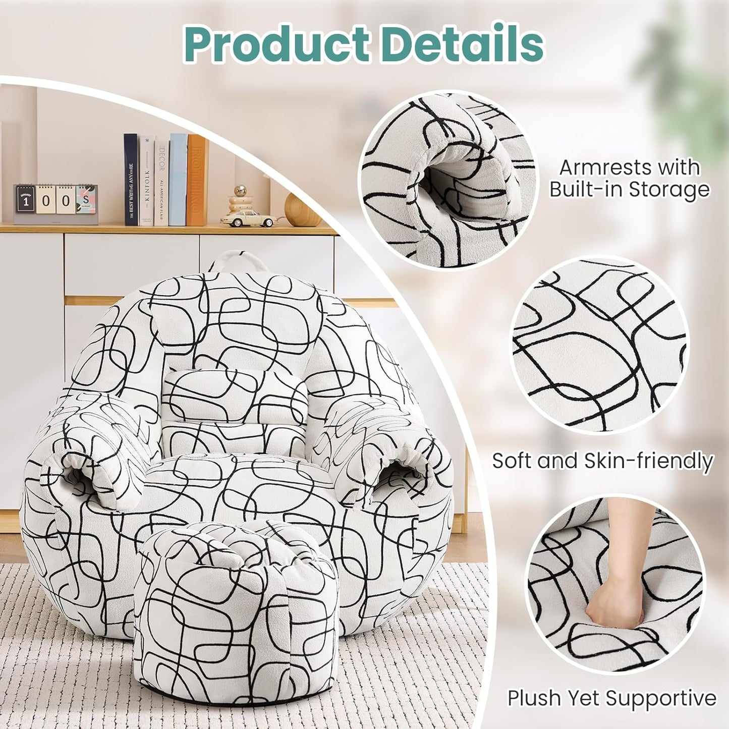 DAICO Bean Bag Chairs for Adults Comfy Accent Chair with Ottoman Floor Sofa Beanbag Couch with Armrests White Single Lazy Sofas with Foam for Living Room Reading Bedroom Gaming (Stripe Pattern)