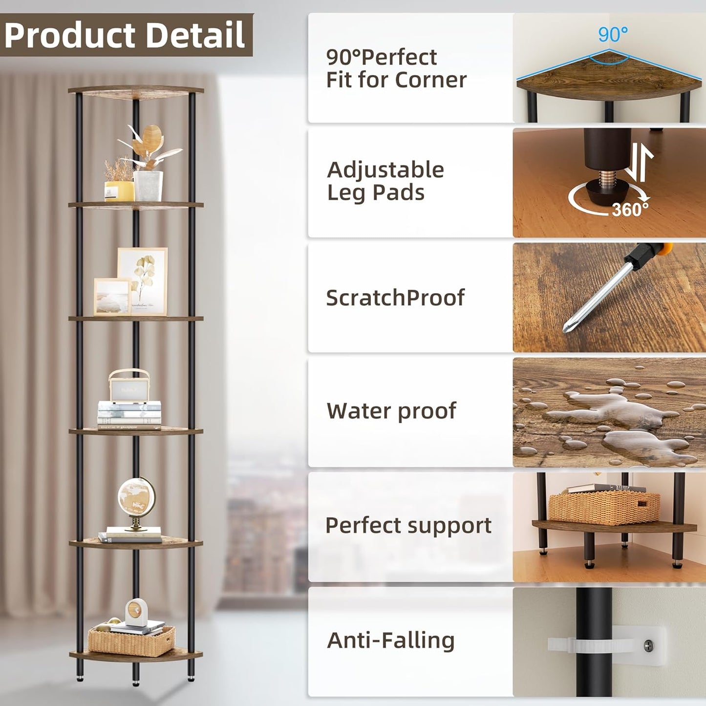6 Tier Corner Shelf, Bookcase for Small Spaces, Corner Display Shelf, Plant Stand, Rustic Brown and Black,Suitable for Bedroom,Living Room,Kitchen