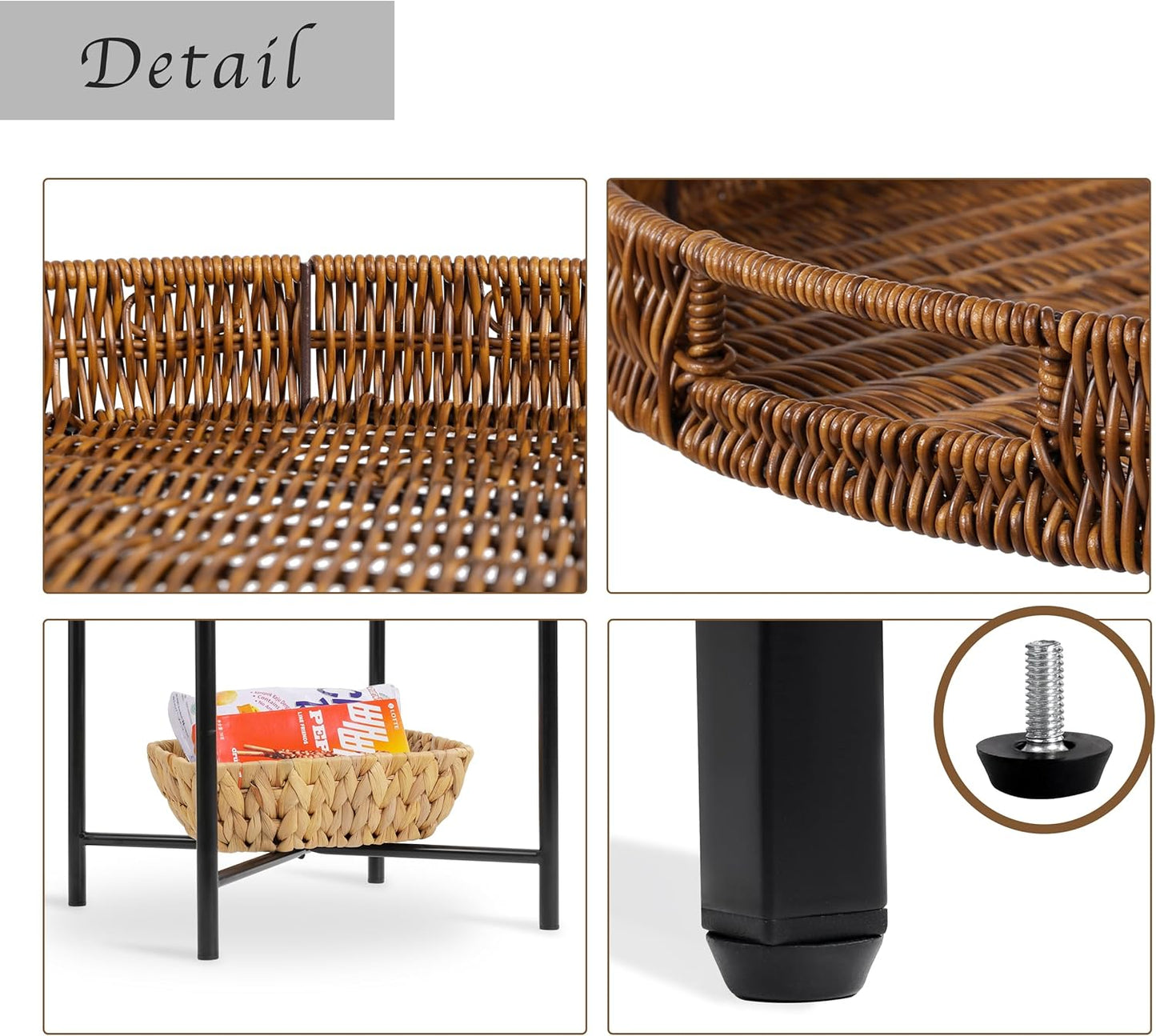 Small Wicker Round End Table, 16.5 in Rattan End Tables with Removable Tray, Waterproof Sofa Coffee Side Table, Indoor Outdoor Side Tables for Patio, Living Room Bedroom Office