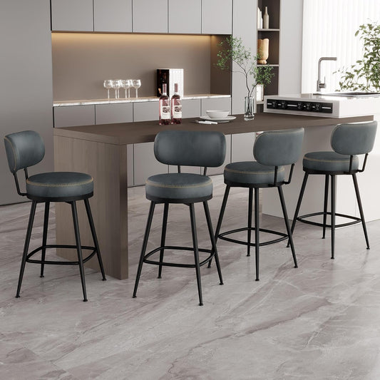Counter Height Bar Stools, 26" H Swivel Barstools Set of 4, Faux Leather Kitchen Counter Stools with Back and Stylish Stitching, Metal Frame, Pub, Home Bar, Balck Green