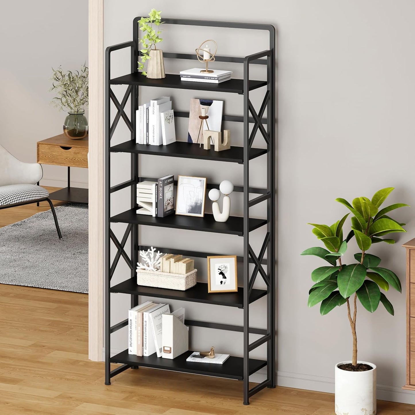 No Assembly Folding Bookshelf, 5 Tiers Vintage Wood Collapsible Book Shelf for Storage,Industrial Metal Foldable Bookcase Organizer for Living Room Bedroom Home Office (Black)
