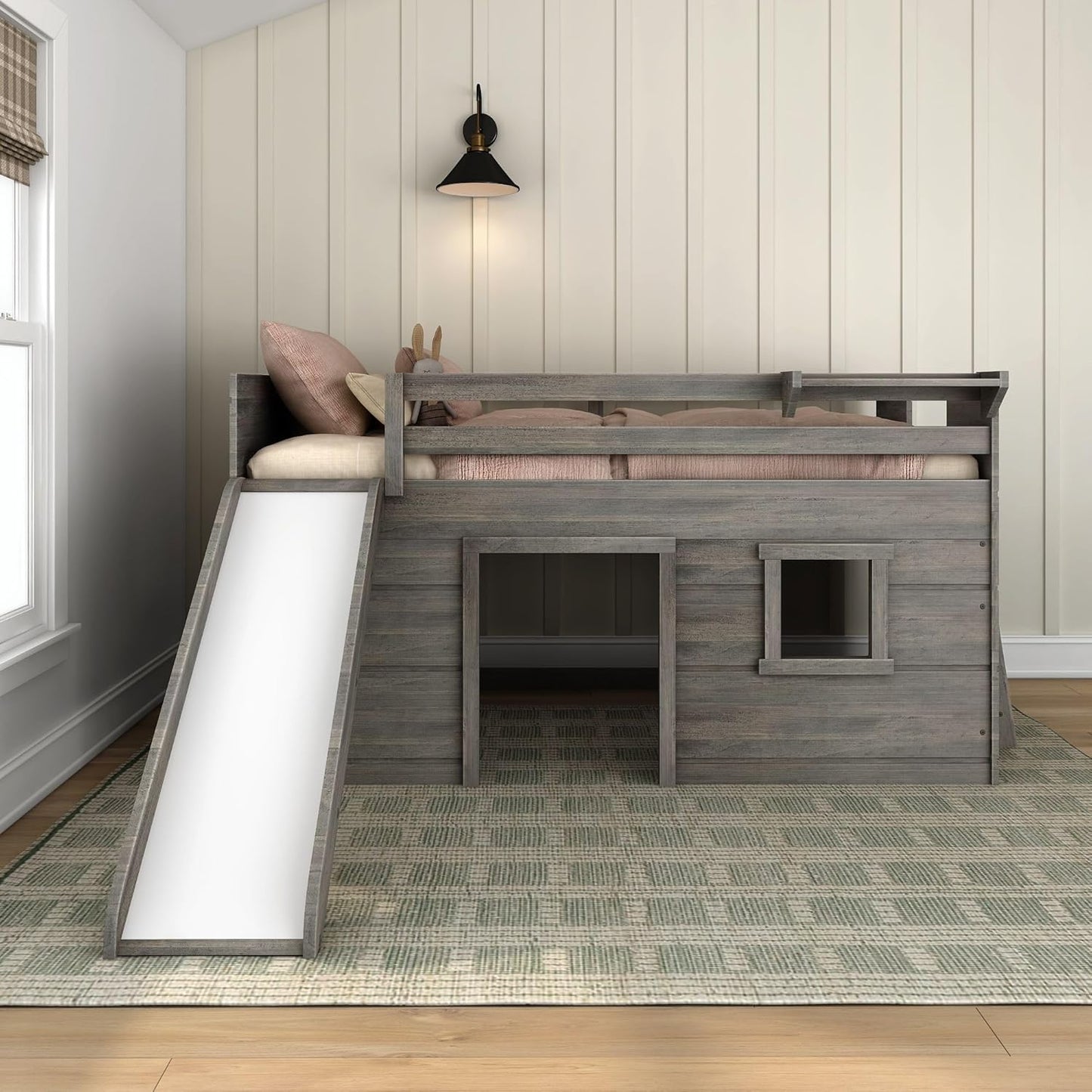 Max & Lily Loft Bed Twin Size, Solid Wood Low Loft Bed with Slide and Ladder, Modern Farmhouse Loft Bed for Kids, Driftwood