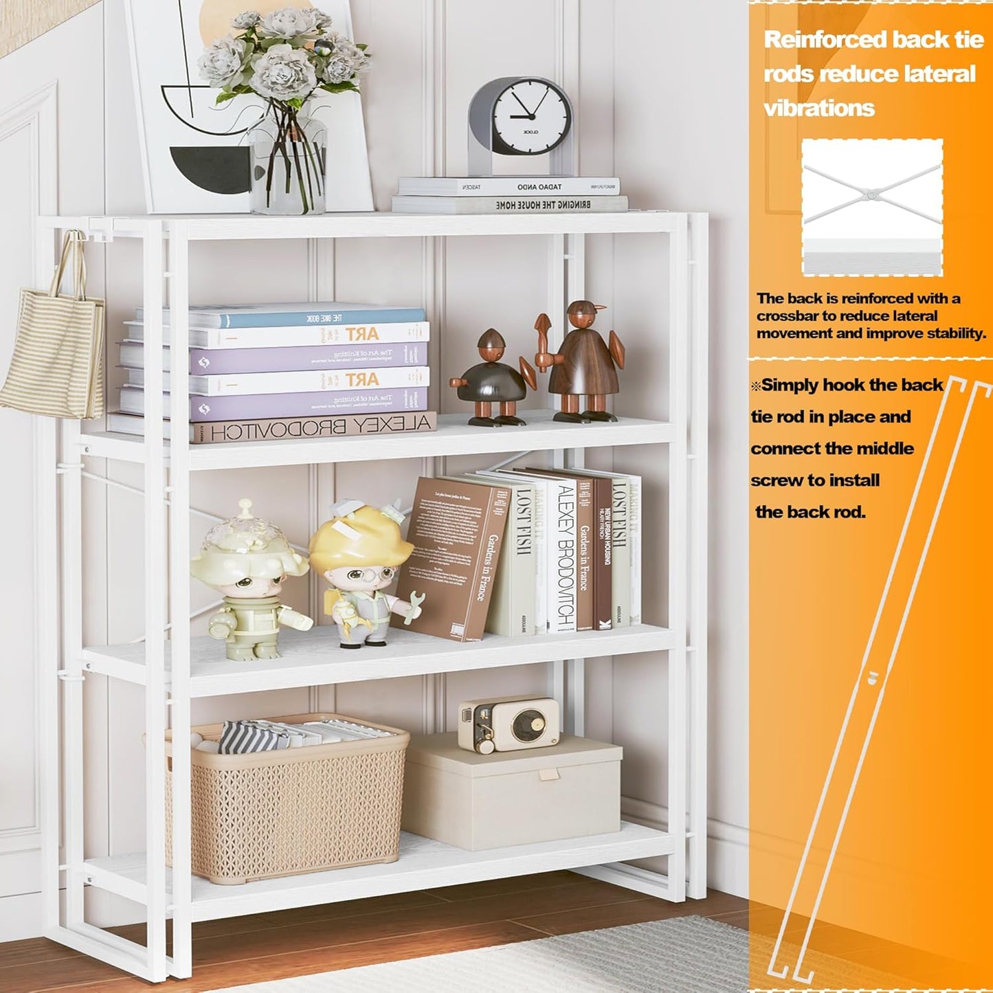 HCHQHS Bookshelf, 4-Tier Industrial Bookcase, White Open Book Shelf, Freestanding Tall Bookshelves with Metal Frame