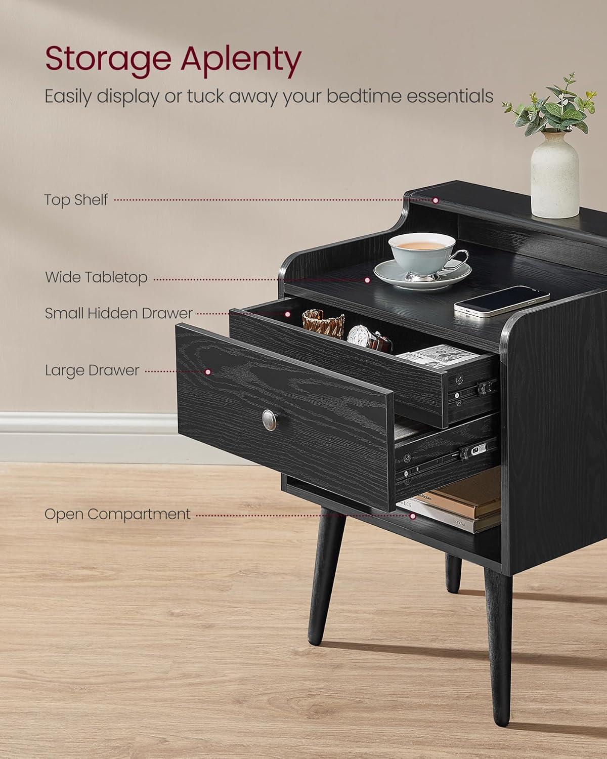 VASAGLE Nightstands, Set of 2, Bedside Tables with Hidden Drawers, Mid-Century End Side Tables with Solid Wood Legs, for Bedroom, Ebony Black ULET624B01