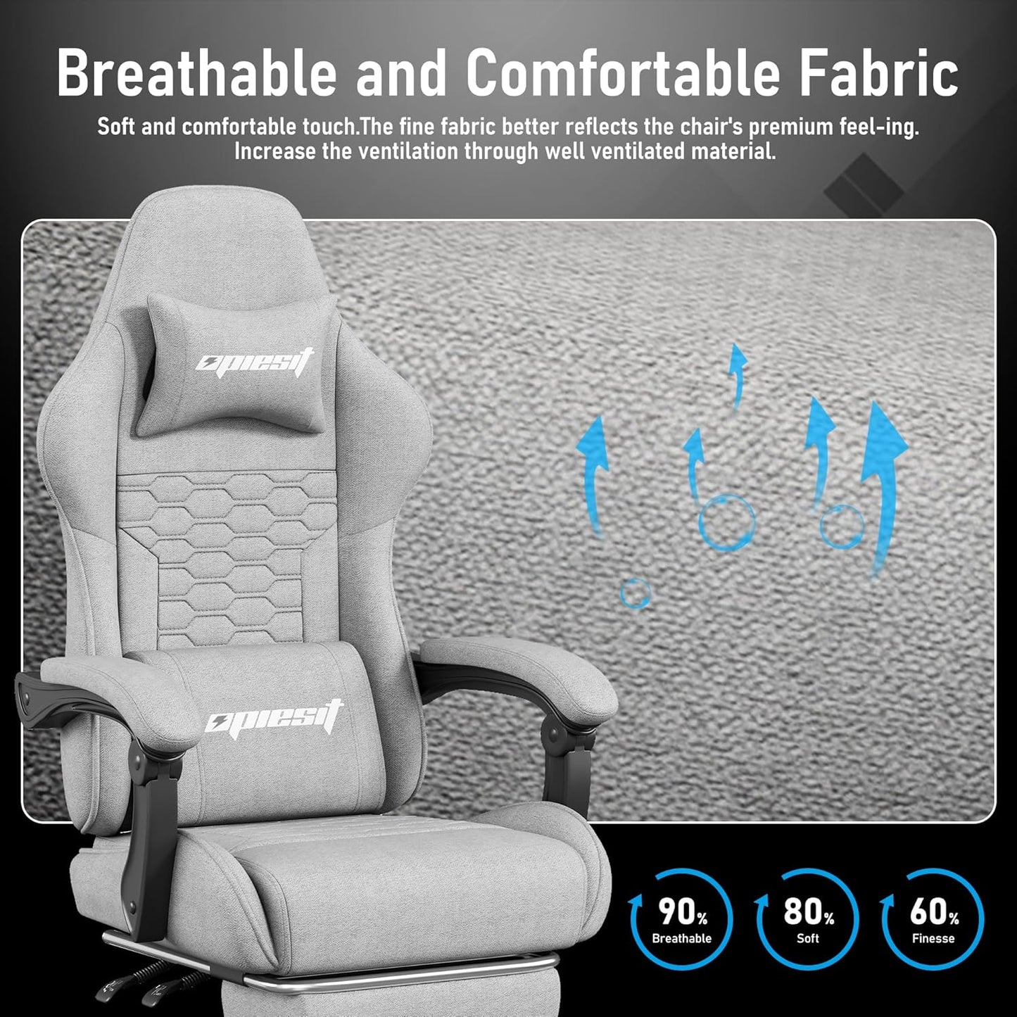 Gaming Chair, Computer Chairs for Adults with Lumbar Support and Massager, Comfortable Gamer Chair with Footrest & Pocket Spring Cushion, Ergonomic Home Office Chair, Grey, Fabric