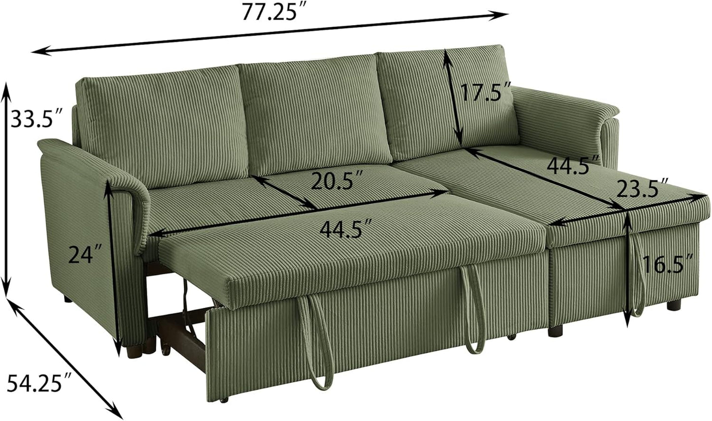 Ball & Cast Reversible Sectional Sofa Couch,L-Shape Sleeper Sofa Bed with Storage Chaise Pull Out Couch for Living Room | Hidden Storage | Pull Out Bed | Removable Backrest | Corduroy Fabric,Green