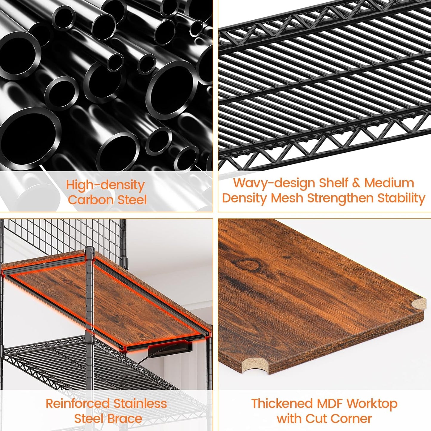 Leteuke Bakers Rack with Power Outlet & Storage, 36 Inch Microwave Stand Kitchen Cart, 4-Tier Metal Kitchen Shelves Cart with Wheels & 20 S-Hooks for Kitchen, NSF Certified, 63 x 18 x 36 Inch-Black