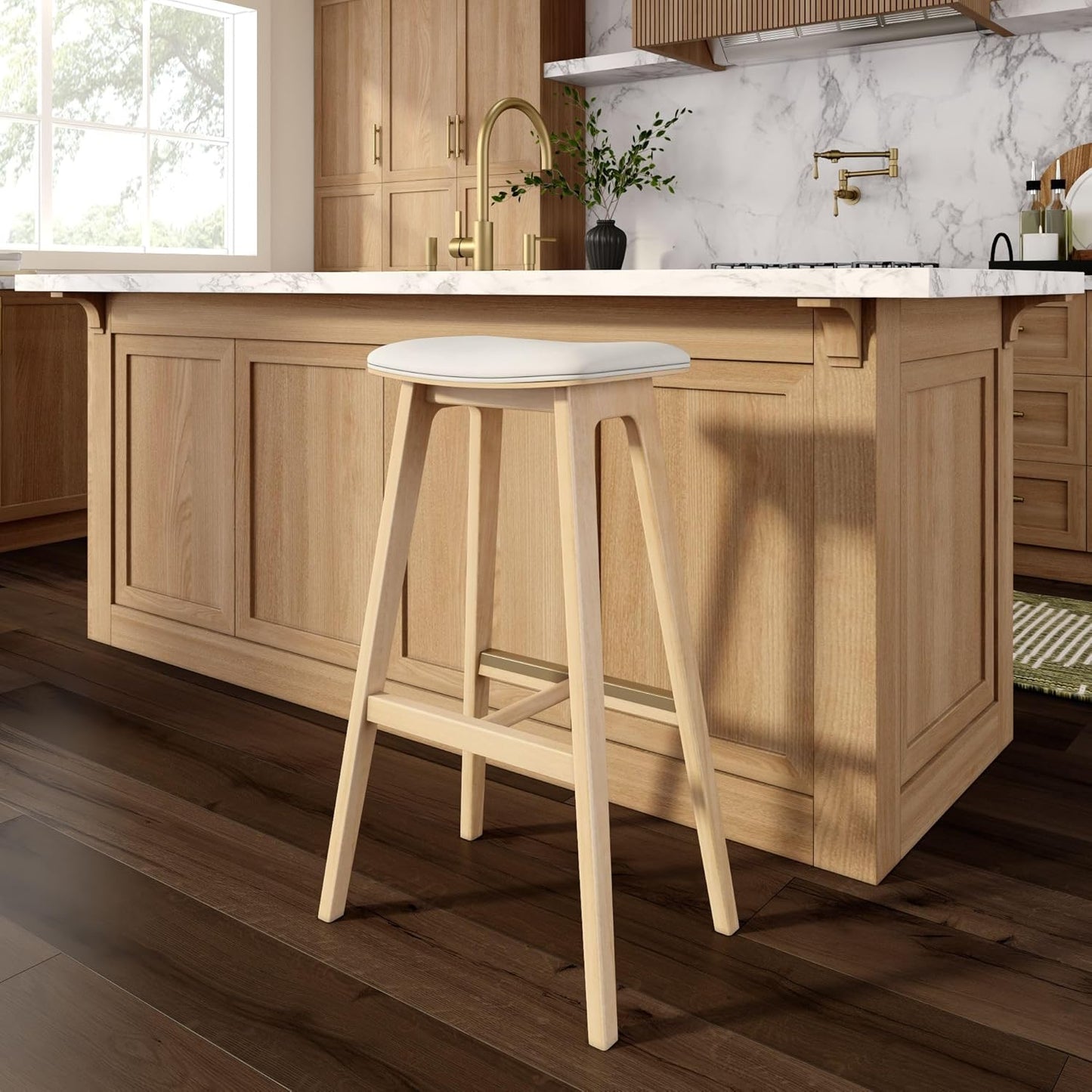 Plank+Beam Beryl Bar Height Stool - Mid-Century Modern Rubberwood Bar Stool with Faux Leather Seat, Metal Footrest, Easy Assembly, Blonde/Sesame